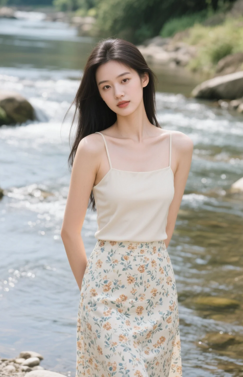 吊带显锁骨，长发遮肩线，氛围感拉满