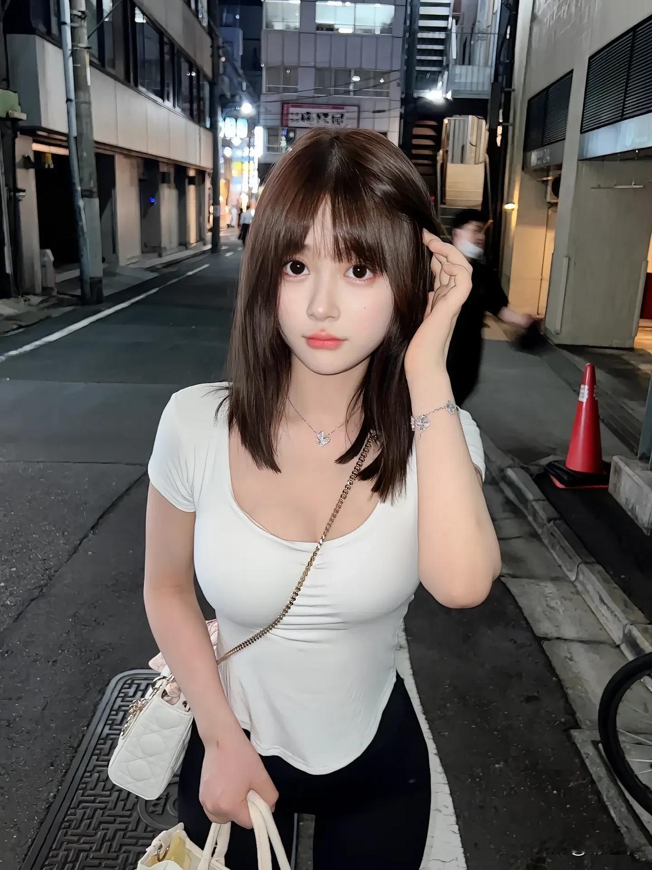 夜晚街头的甜美少女，白色上衣与黑色裤子搭配，手拿包包，气质出众。