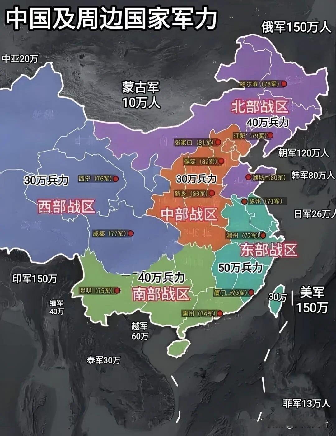 中国及周边国家兵力中国及周边，是世界上兵力最多的区域。北部战区40万兵力