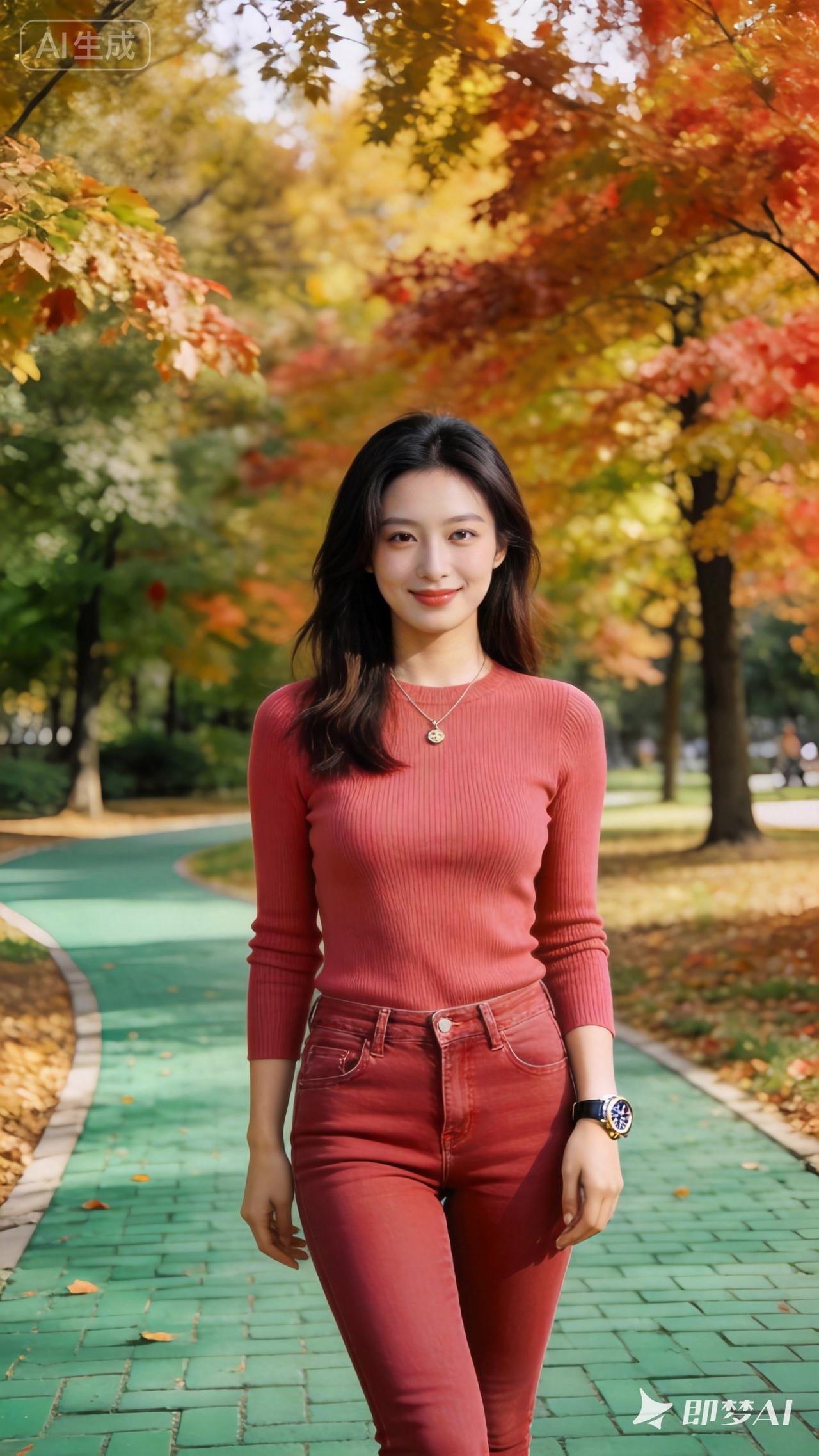 秋日漫步，暖阳下的甜美少女