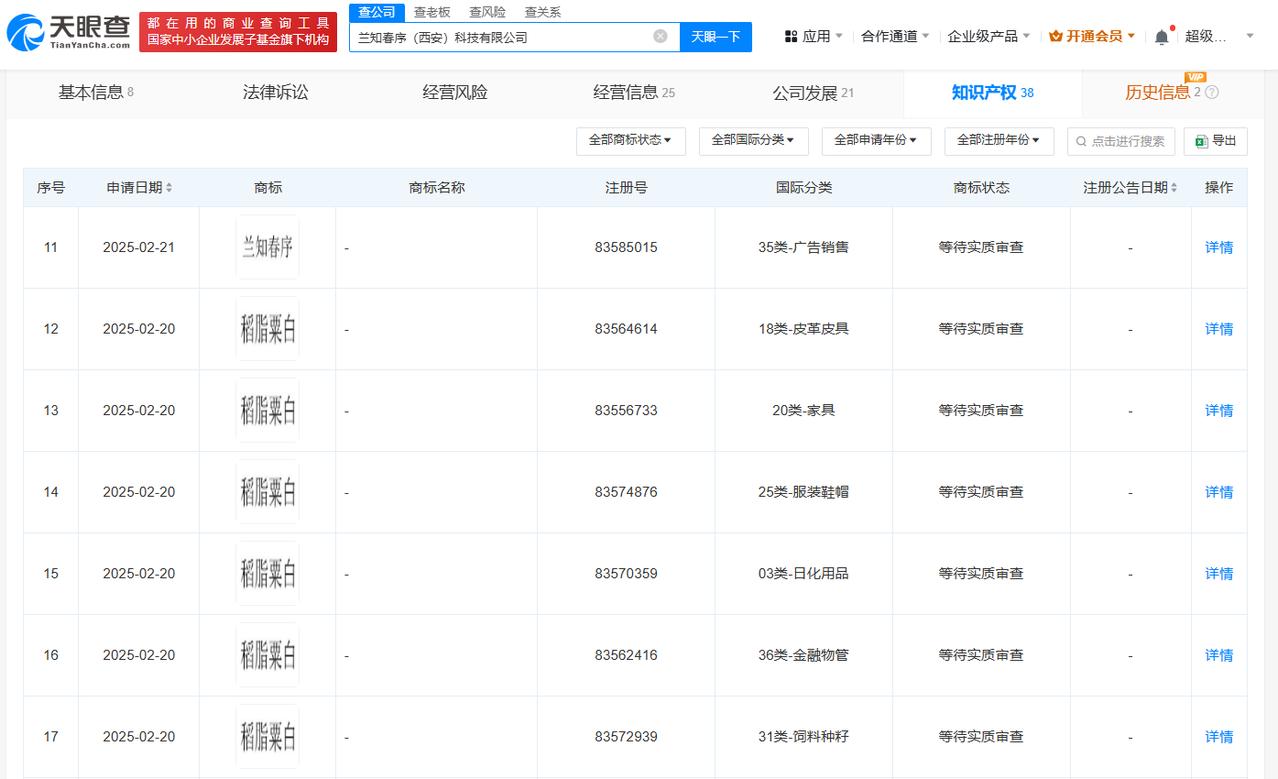 董宇辉公司申请兰知春序商标董宇辉公司申请稻脂粟白商标天眼查财产线索信息显示，