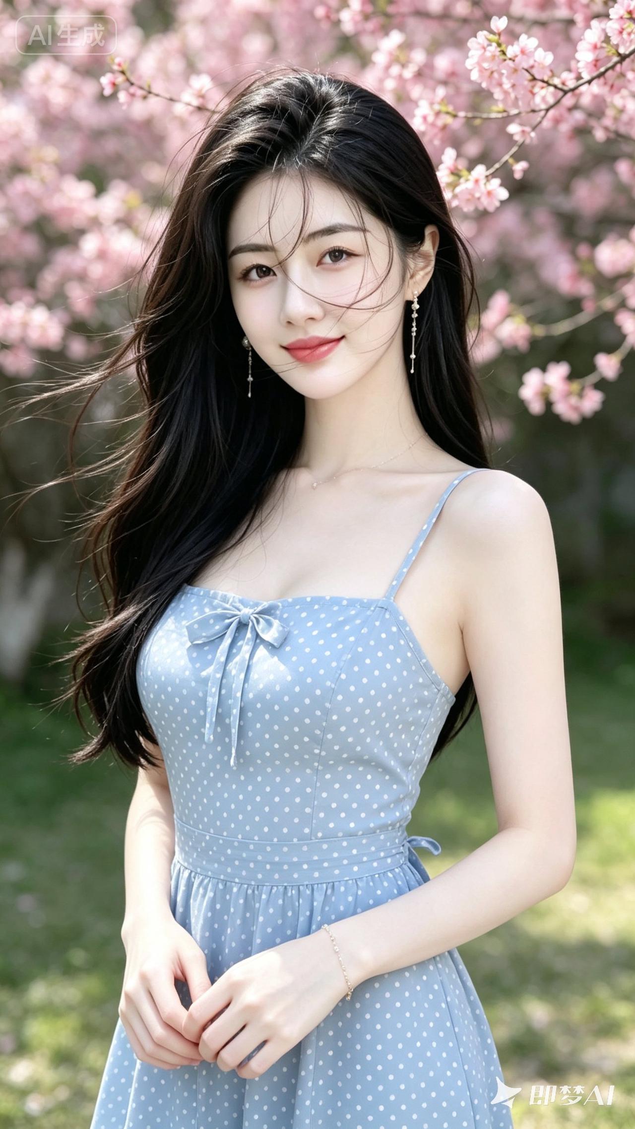 樱花树下，少女轻笑，春日暖阳，美好时光。