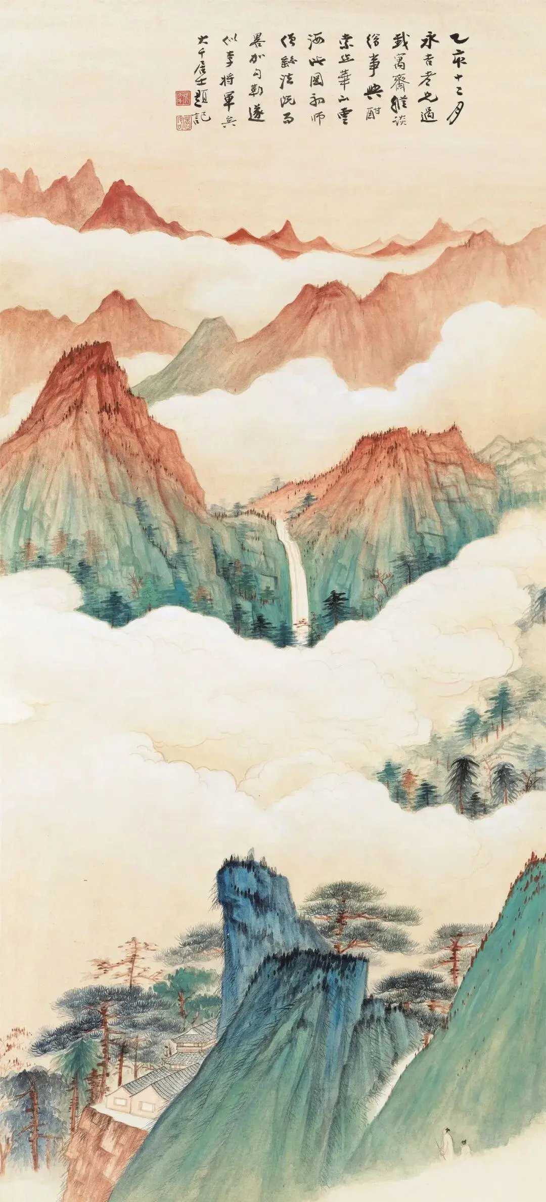张大千山水画。画山水，可以提高人之思想，培养人之情操。山水佳作，辄令人无限向往，