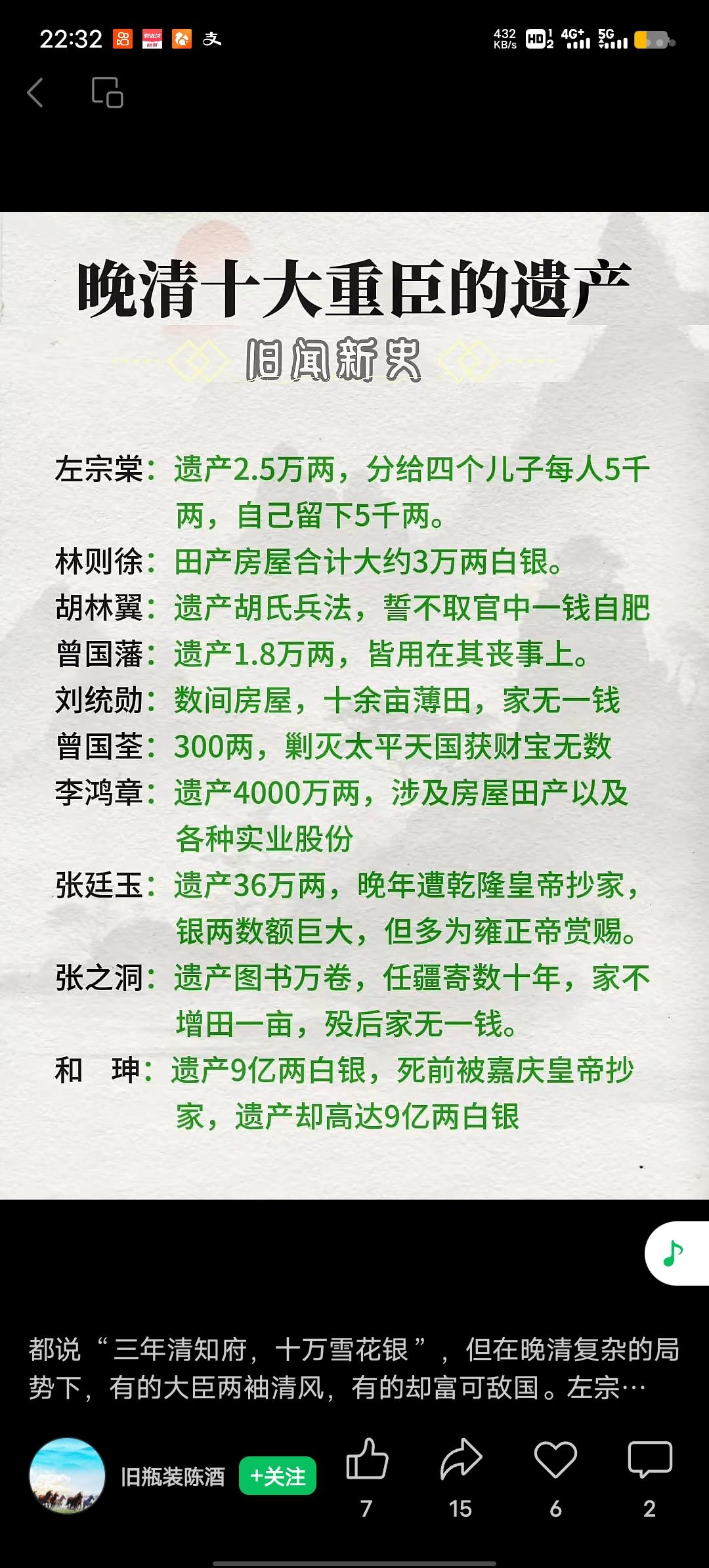 晚清“曾左李张”四大名臣，他们的遗产情况很有意思。曾国藩一生清廉，虽历任两江总