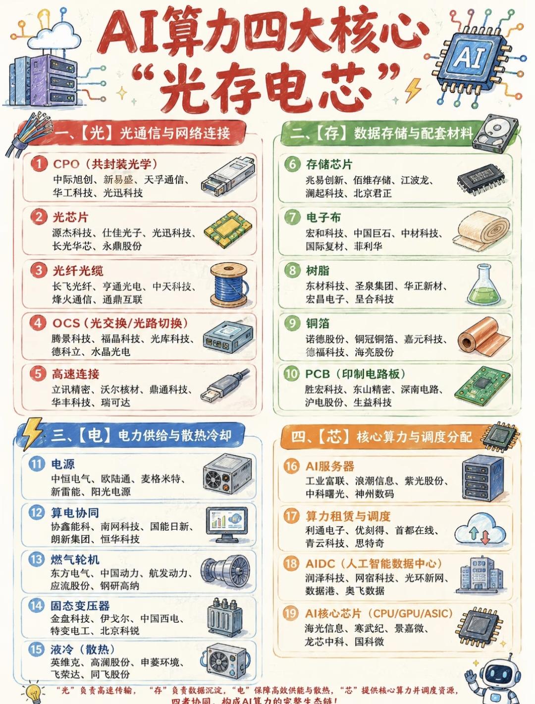 AI算力四大核心：光、存、电、芯完整解析这套体系合称「光存电芯」，四大板块
