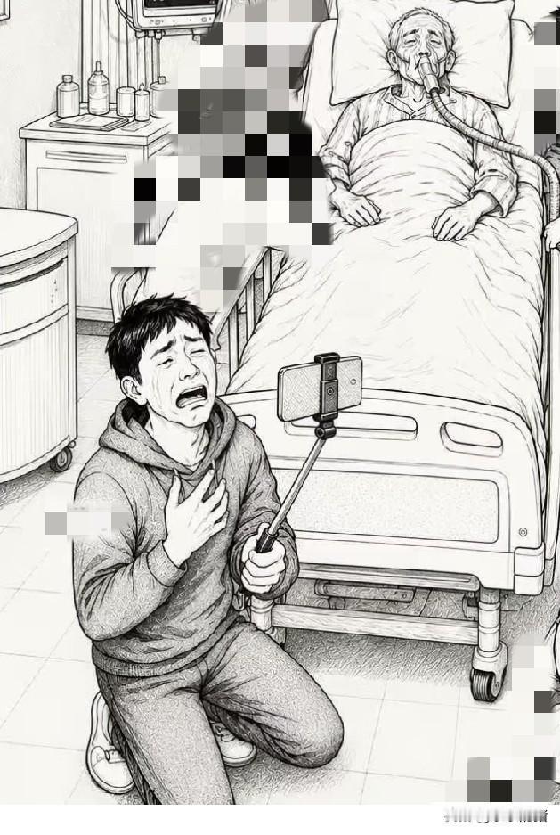 去医院看望病重的姑父，三个老表都在拍视频，背景是躺在病床上的老父亲。两个儿子一个