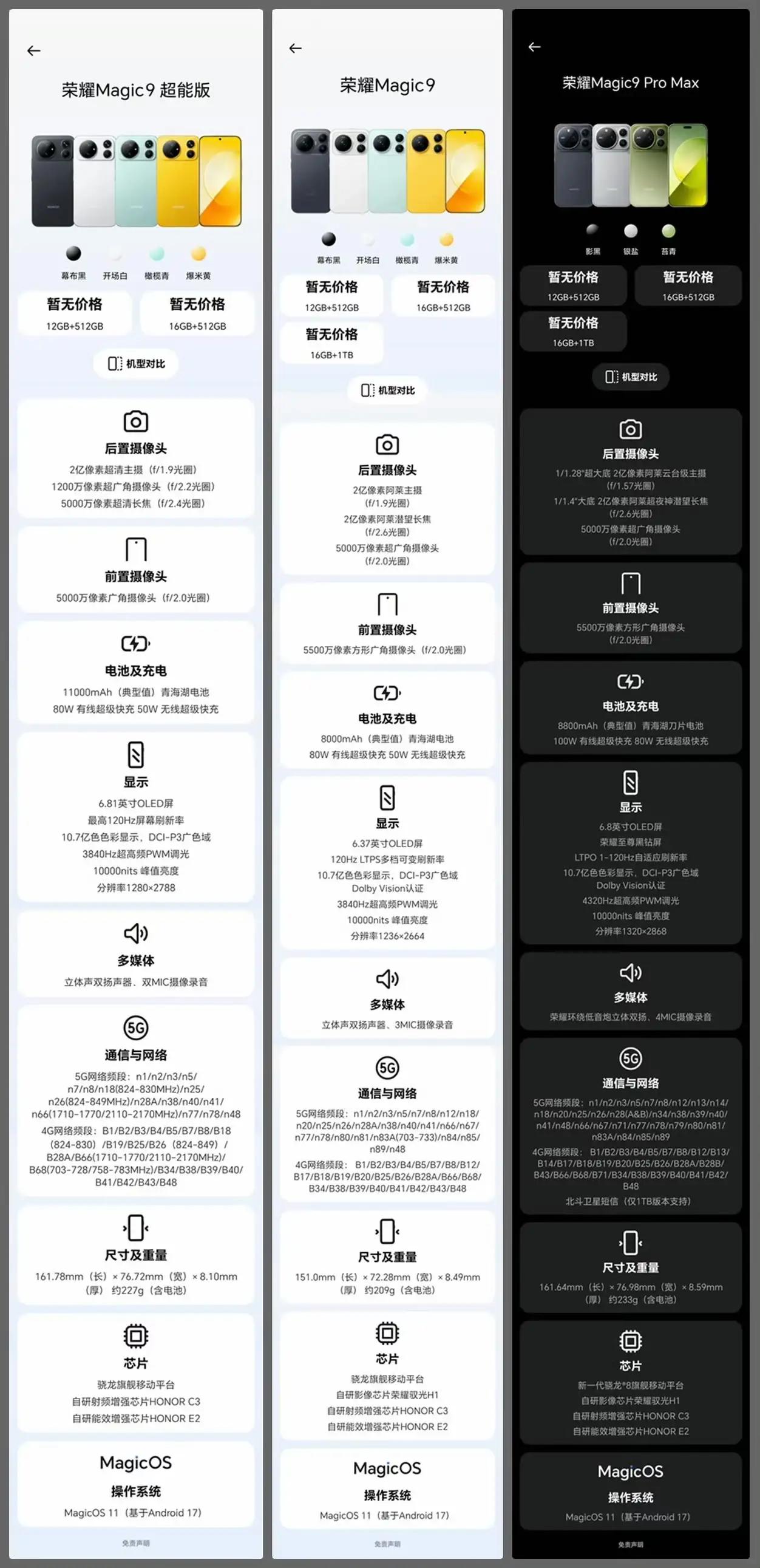 荣耀Magic9全系参数对比来了🔥超能版、标准版、ProMax三款配置一目