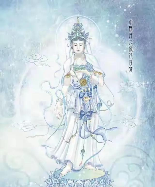 月光菩萨作为药师如来的重要胁侍，怀有无比崇高的愿景，誓要驱散黑暗，为众生带来光明