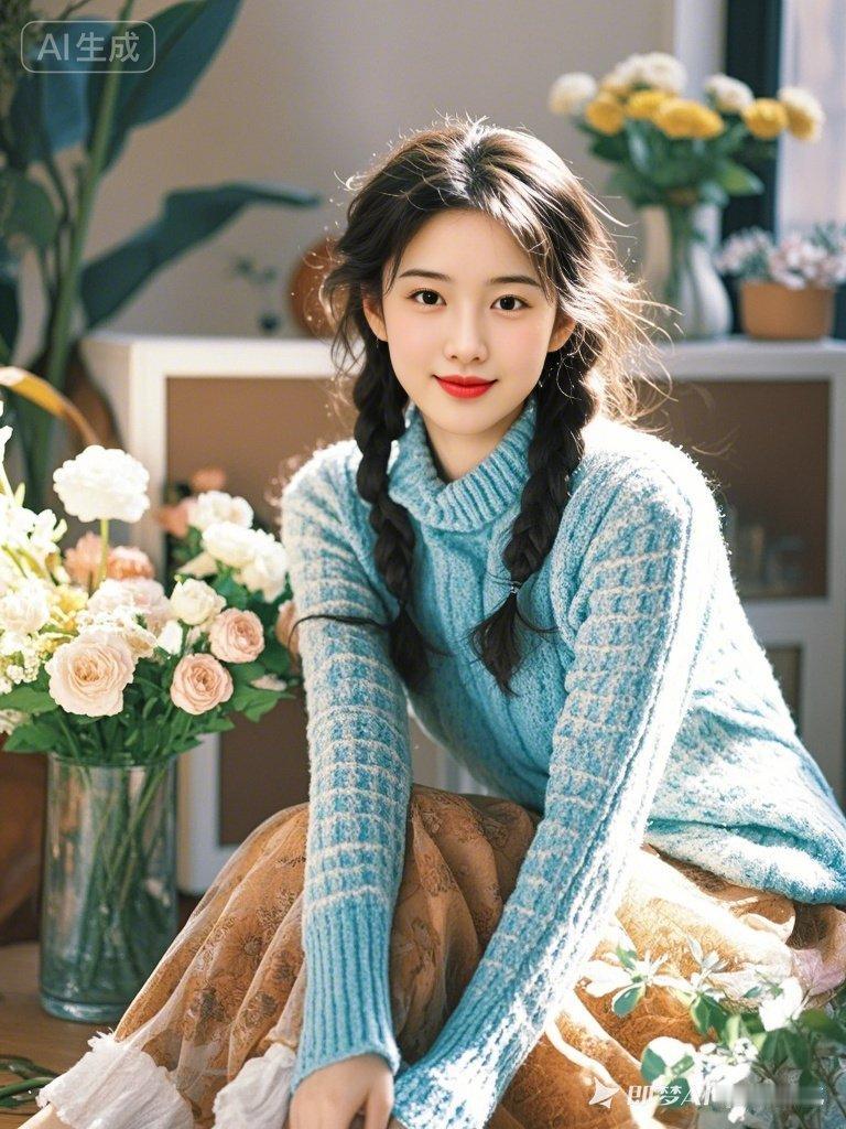 甜美少女风，蓝色毛衣搭配复古裙，花束点缀温馨氛围！