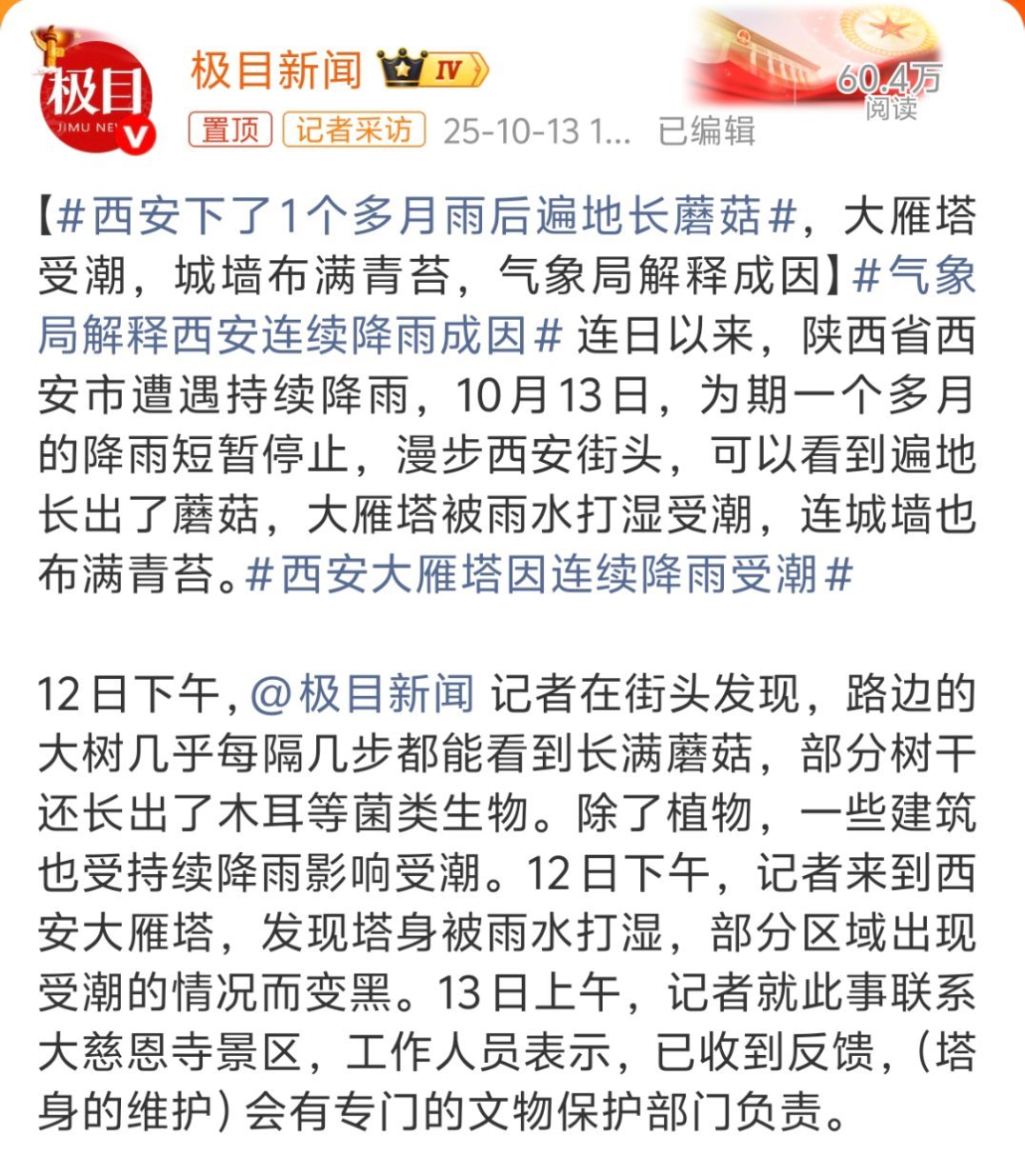 西安下了1个多月雨后遍地长蘑菇之前每次连下几天雨，就喜欢和朋友吐槽头上长蘑菇了，