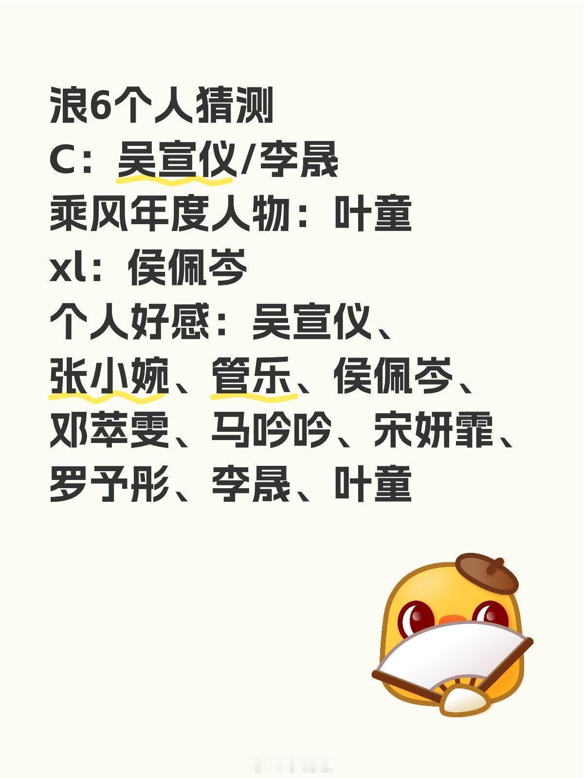 乘风2025难猜浪6个人猜测C：吴宣仪/李晟乘风年度人物：叶童xl：侯佩