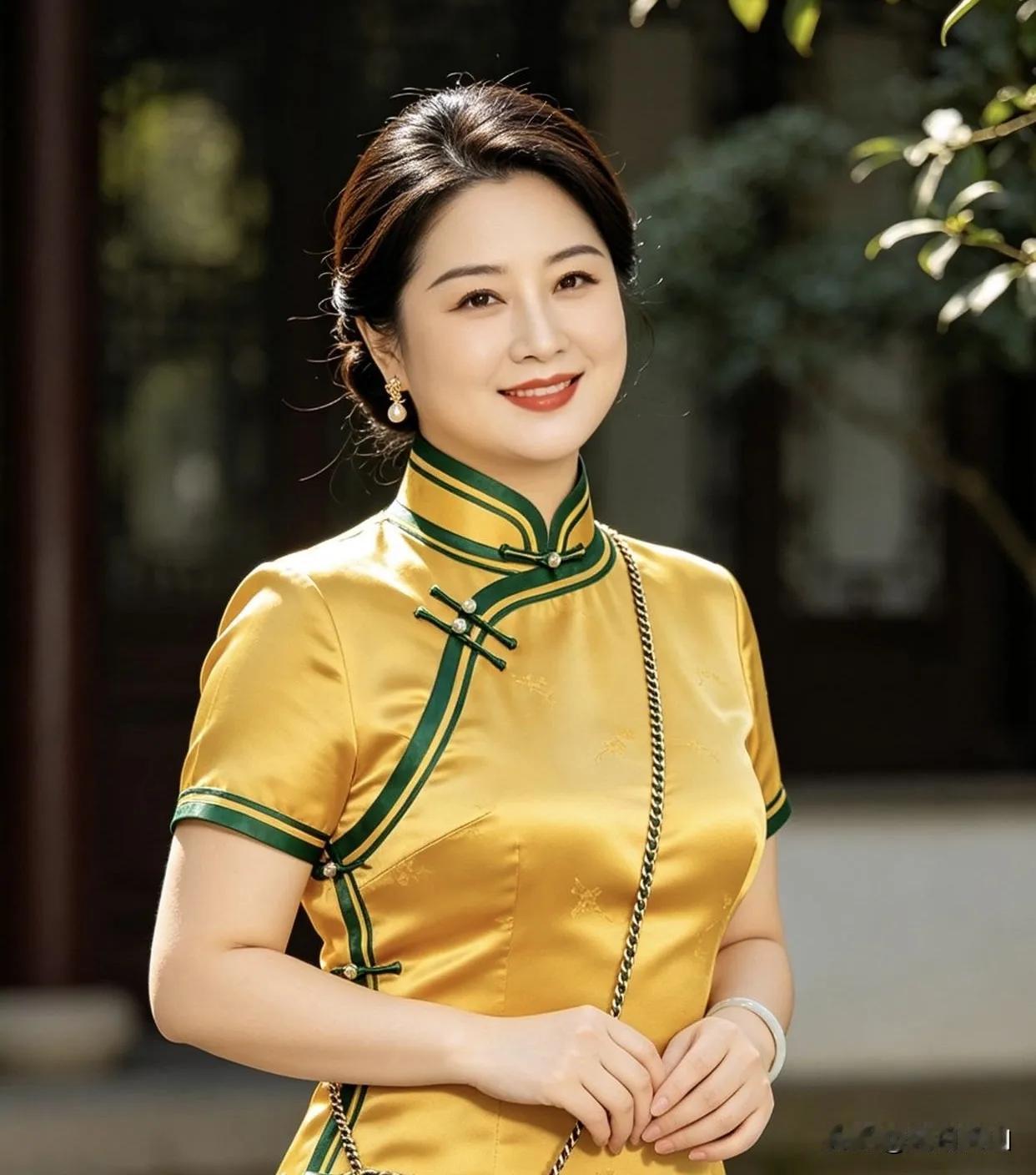 这位女士穿着黄色旗袍，笑容灿烂。