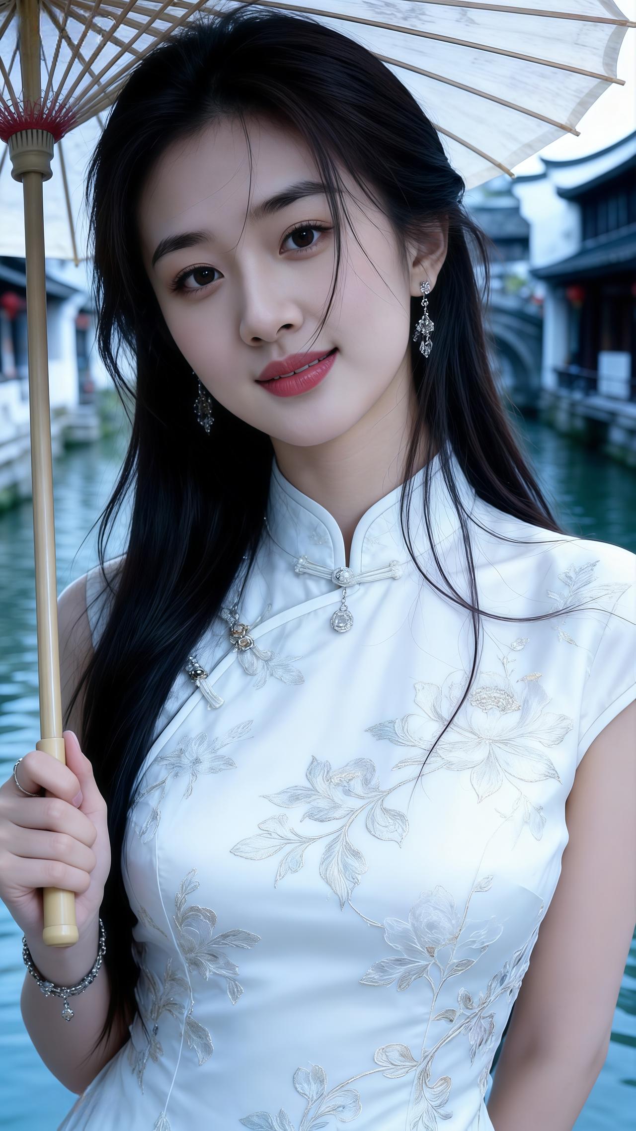 优雅旗袍，古风韵味，雨中漫步，唯美画面