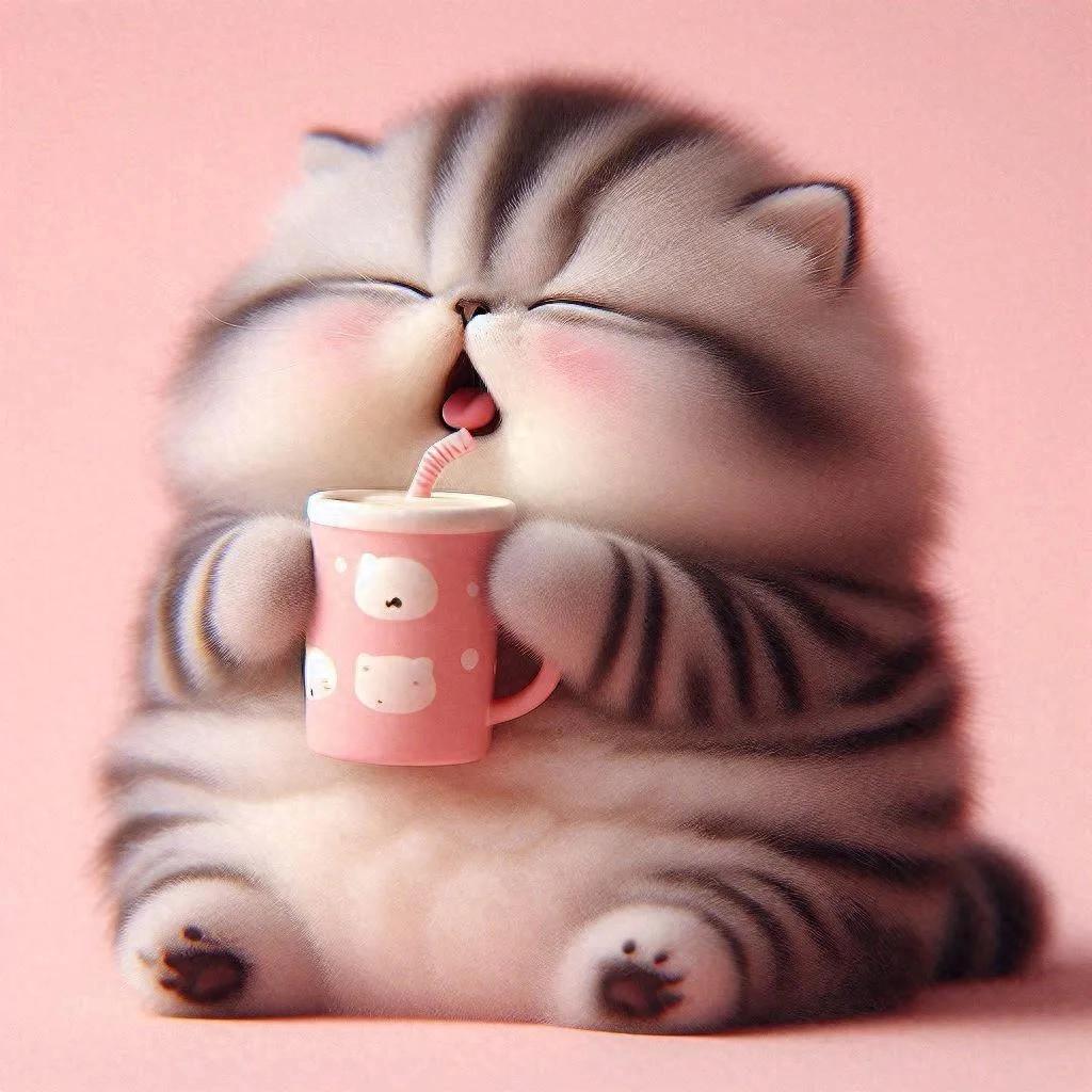 越萌越可爱的猫咪：周末来呗奶茶🧋