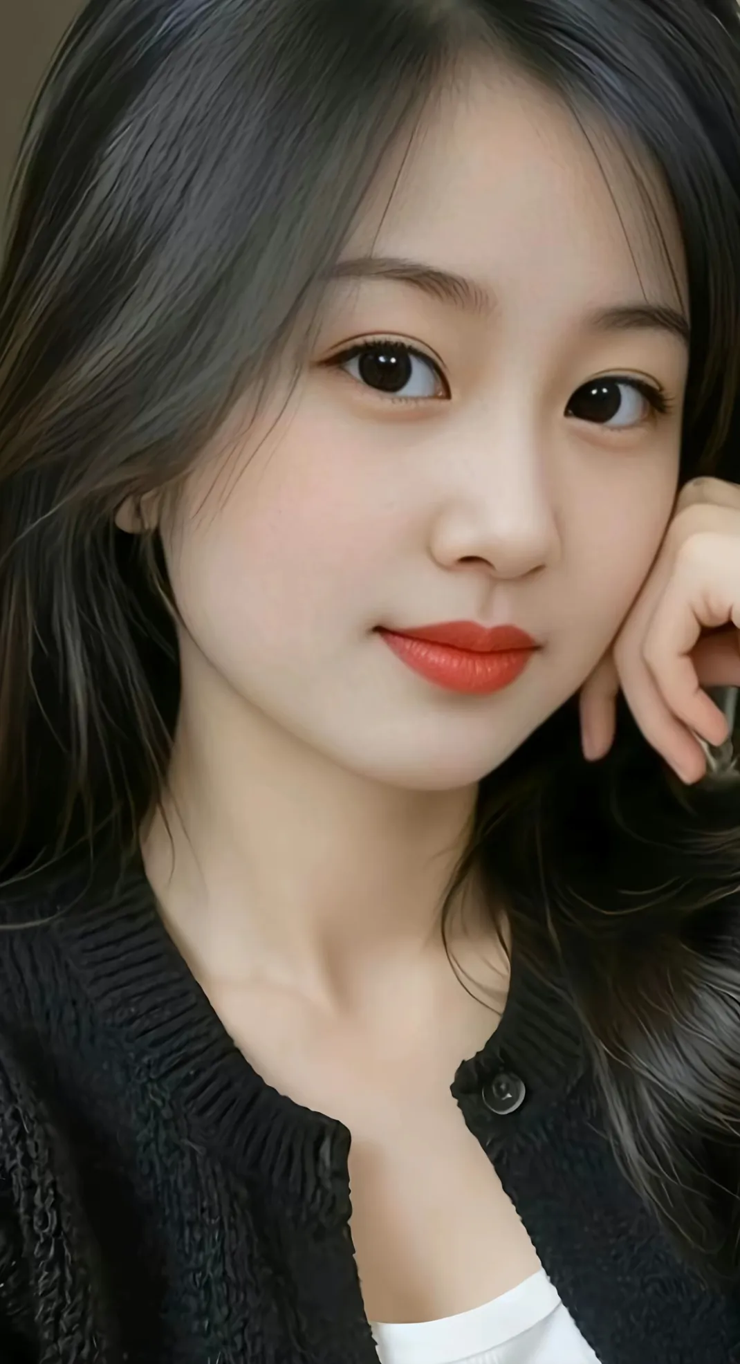 甜美少女心，温柔笑容，红唇诱惑，黑发飘逸，时尚穿搭