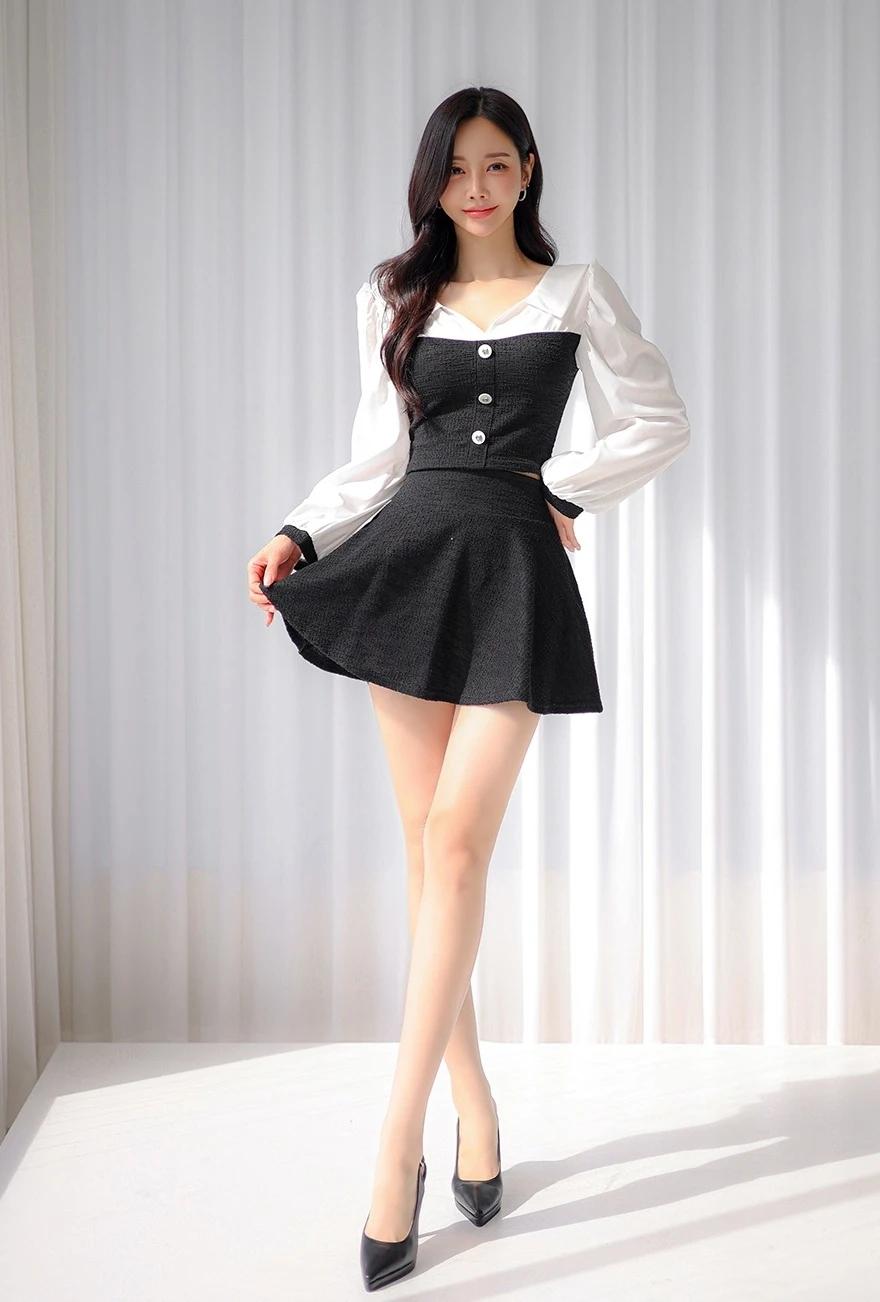 孙允珠-优雅黑裙，甜美少女心，百搭时尚穿搭！💗👗👠拼接潮流穿搭分享街拍图