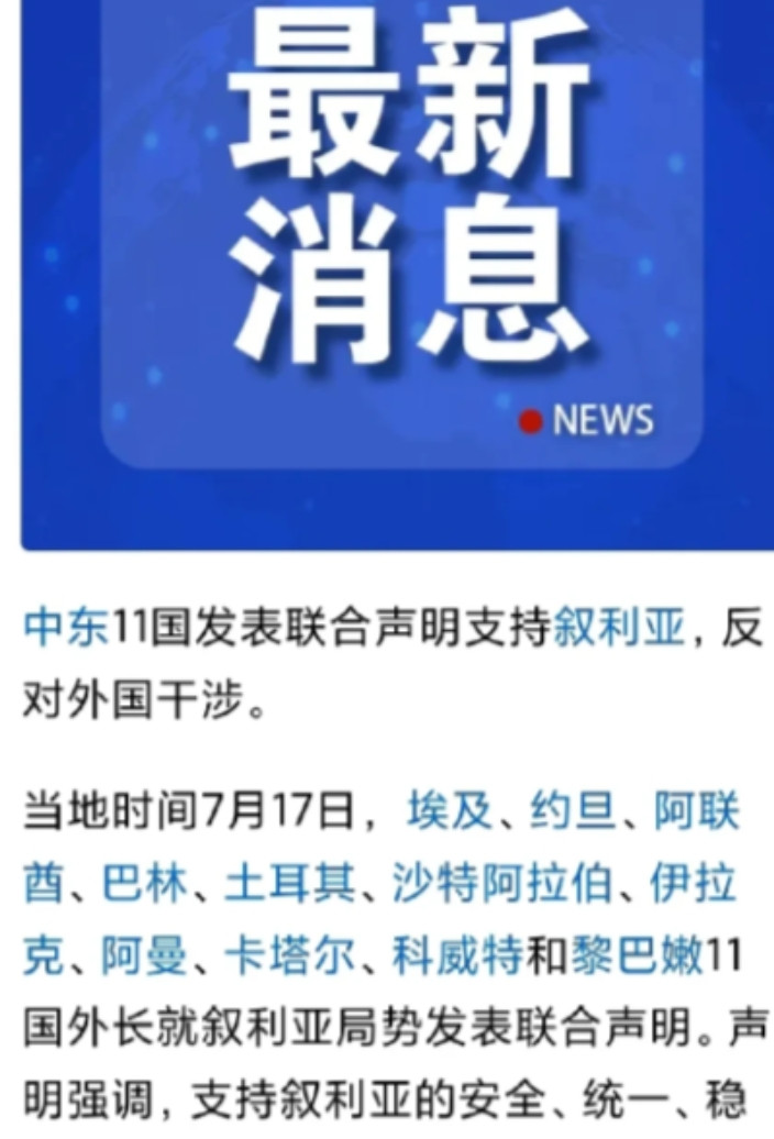 中东11国联合声明支持叙利亚！注意看，11国里面没有伊朗！中东忽然发个联合声