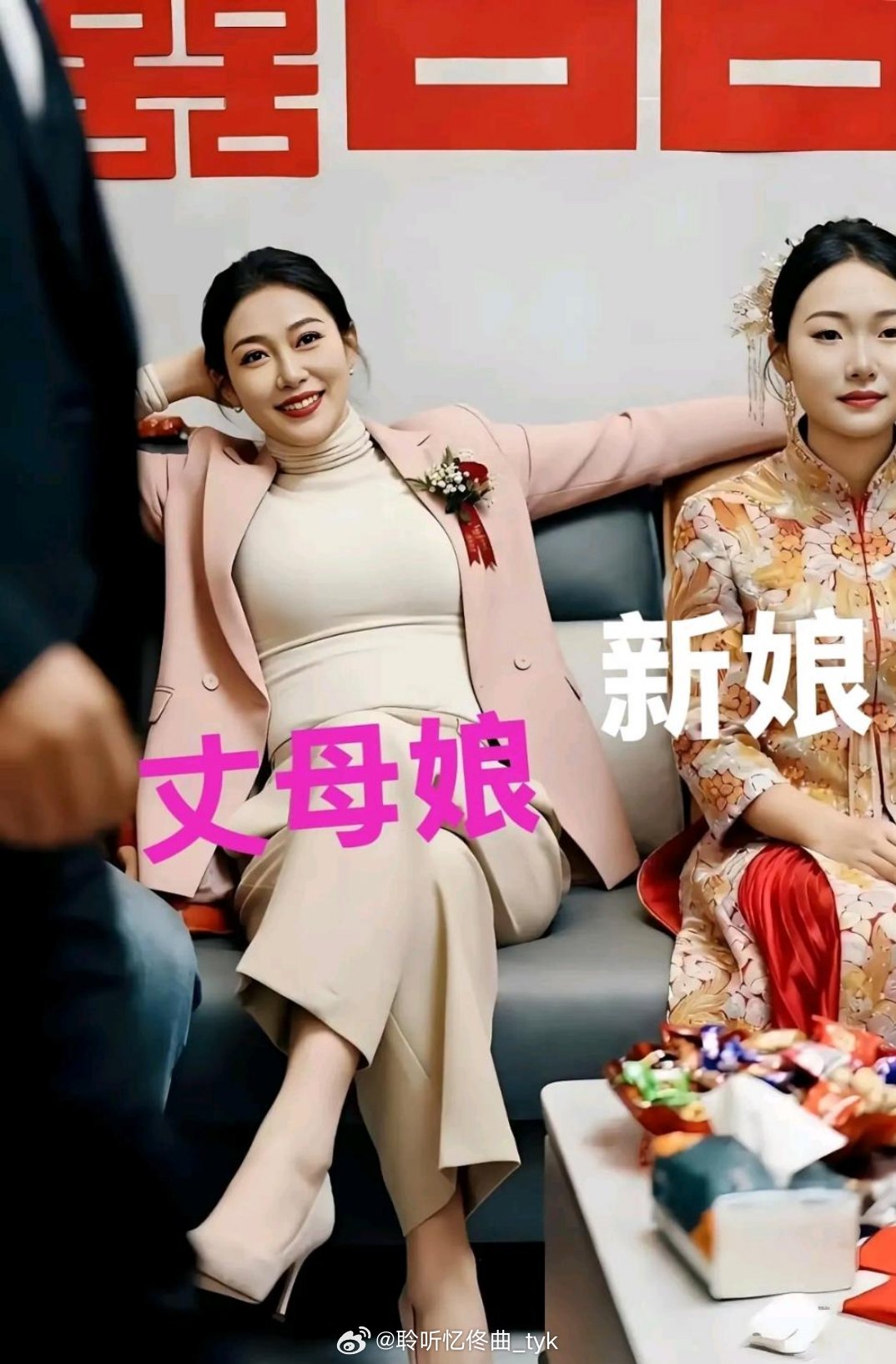 这丈母娘的颜值，丝毫不弱于新娘看她的身材，也是保养得非常完美，完全符合美女的称号