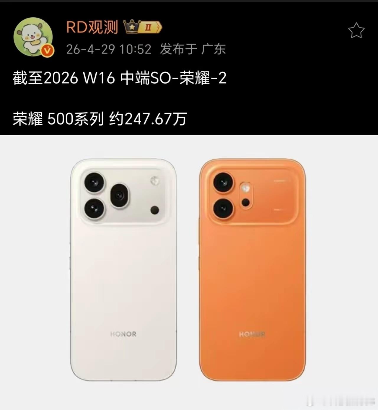 荣耀500系列斩获近250万销量，生命周期冲300万稳了。600系列5月将至，向