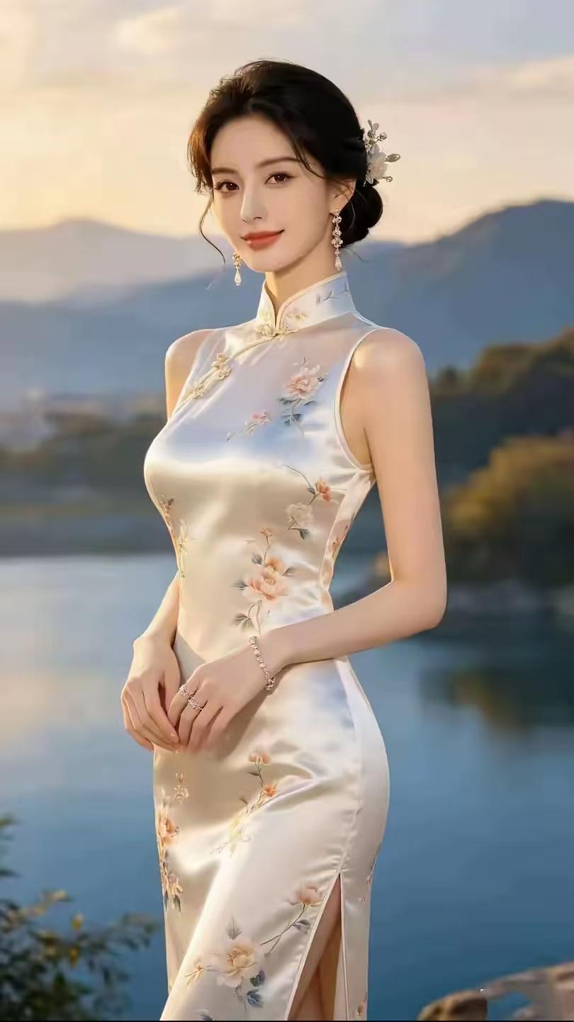 清江引·湖畔旗袍佳人晚照平湖山影杳，独立汀洲俏。旗袍蕴雅芳，云鬓珠花绕，