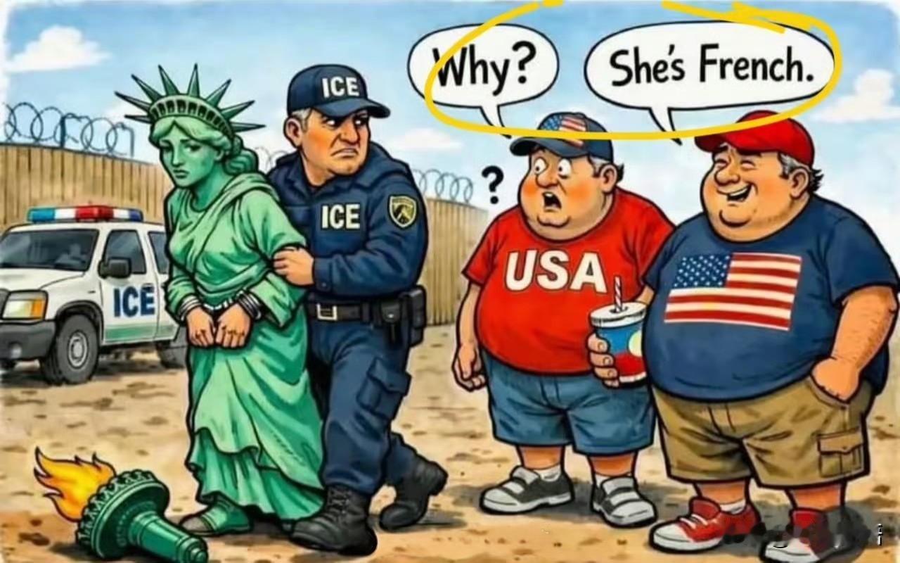 美国漫画，画面中ICE给自由女神铐上手铐并将其带走，火炬被扔在了地上。一个美国