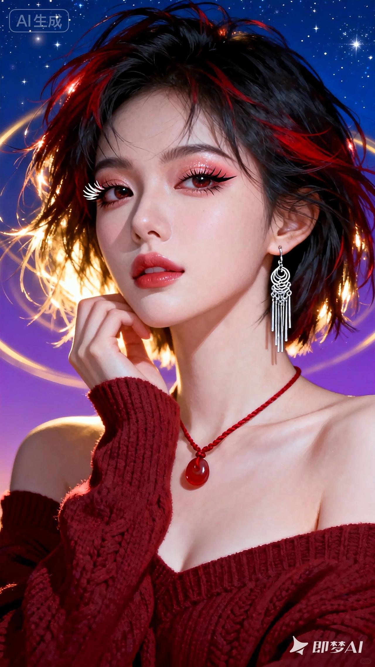 红衣美人倚，星月映流光。