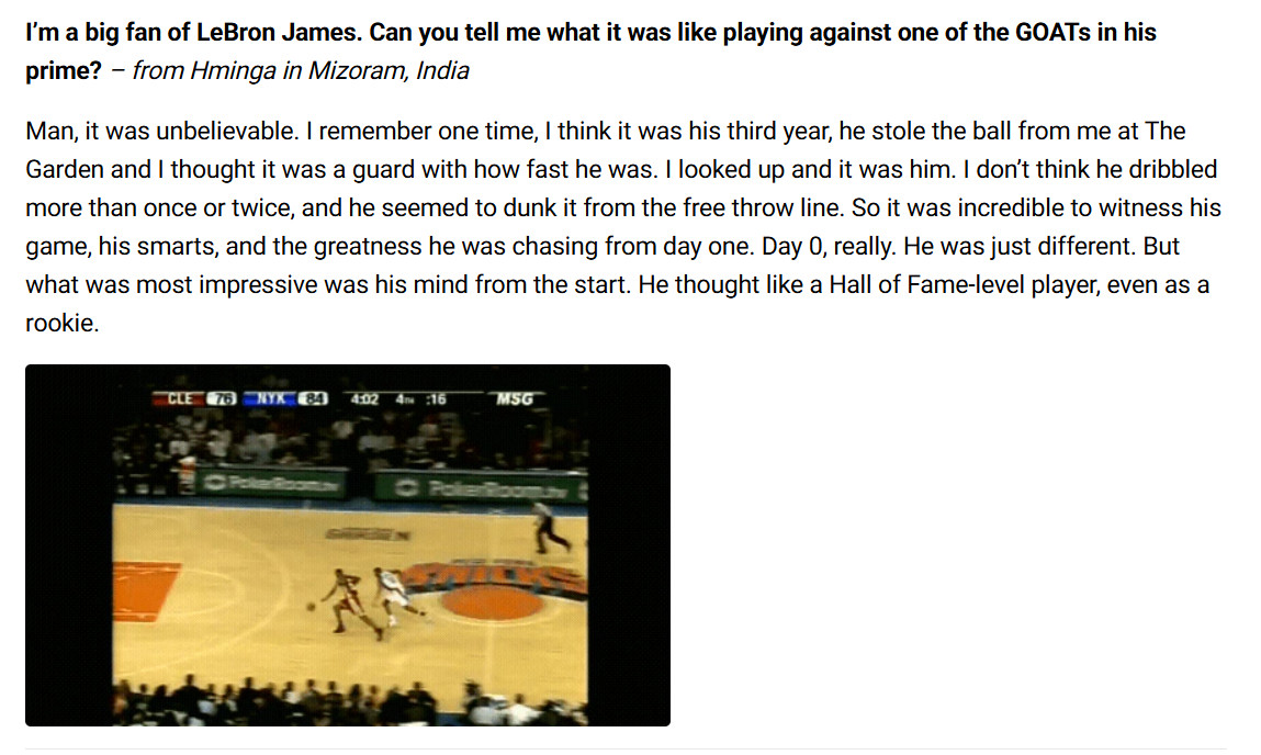 一位来自印度的詹蜜向前NBA球星贾马尔·克劳福德提问：”我是勒布朗・詹姆斯的铁杆