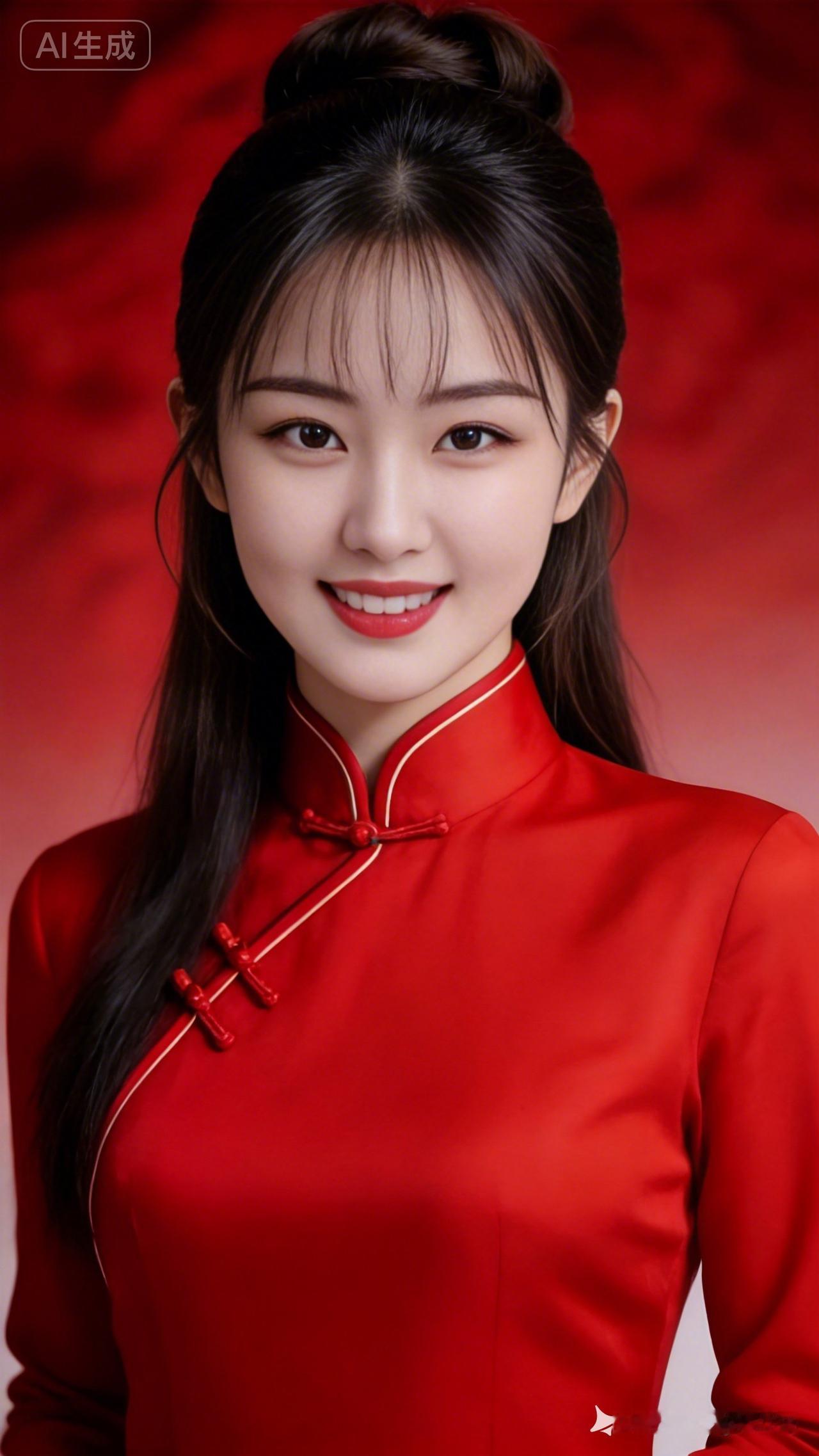 亚洲美女身着大红滚边长袖旗袍，斜襟盘扣尽显雅致。棕黑长发盘起，细碎刘海温柔衬肤，