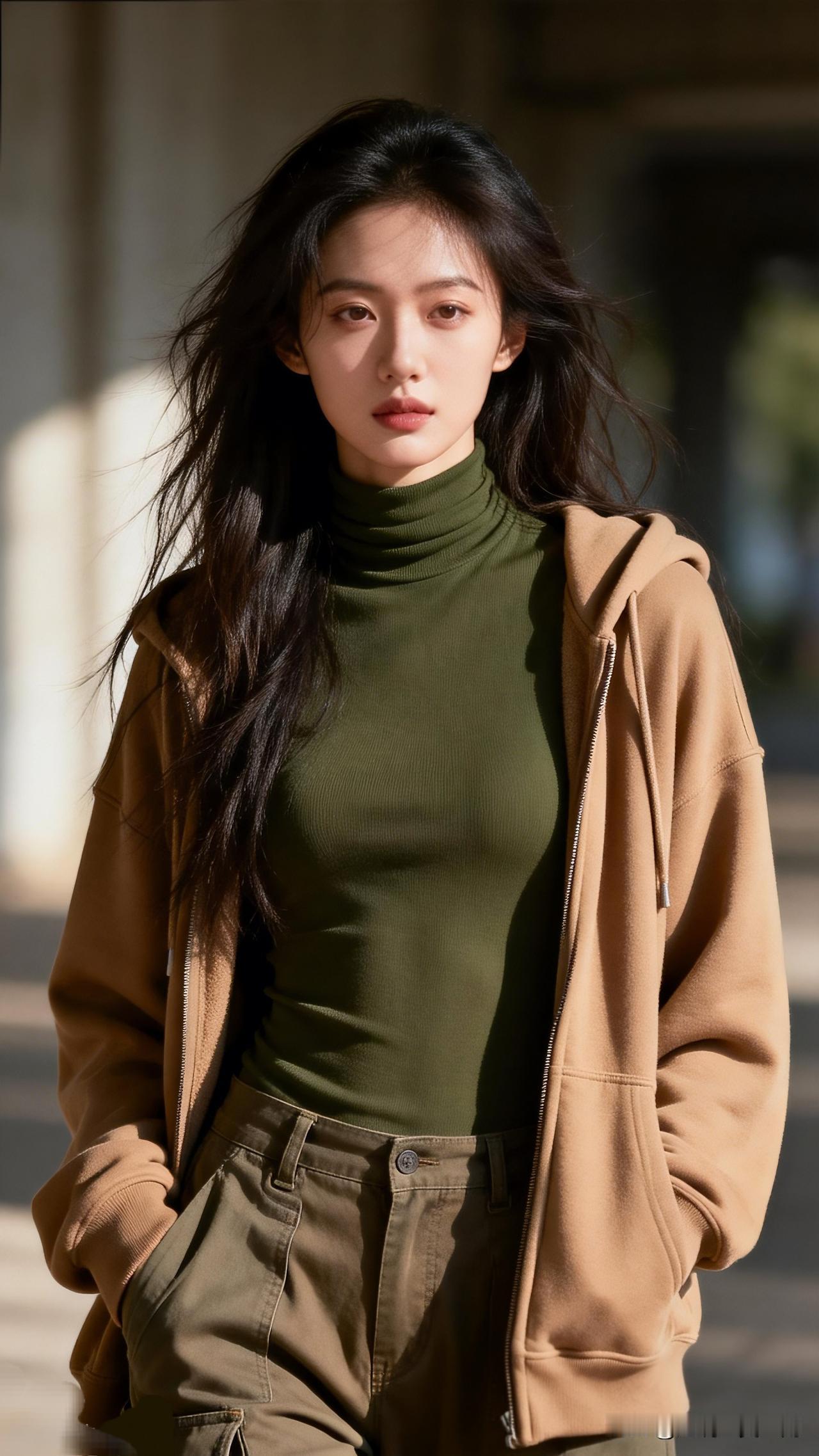 秋日穿搭指南：绿意十足的针织衫搭配卡其色卫衣，轻松自然，时尚又舒适。