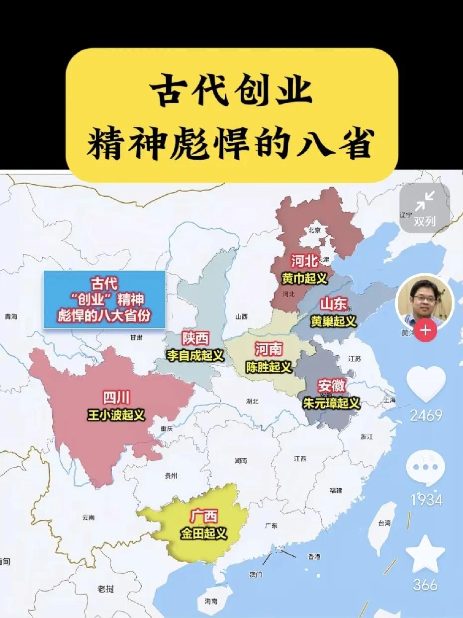 古代创业，能有影响力的，都是这八个省份。其中广西和河南的创业，都进入教科书里