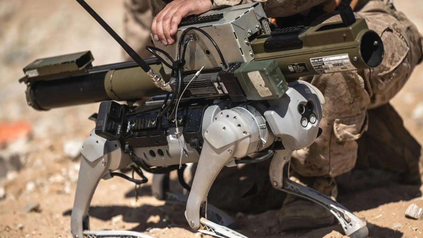 烫知识：美国海军陆战队买来给上峰演示武装机器狗协同作战的机器狗，和上春晚表演蹬墙