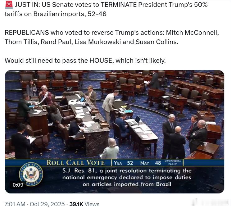 美国参议院以52票对48票通过决议,终止特朗普总统对巴西进口商品征收的50%关税