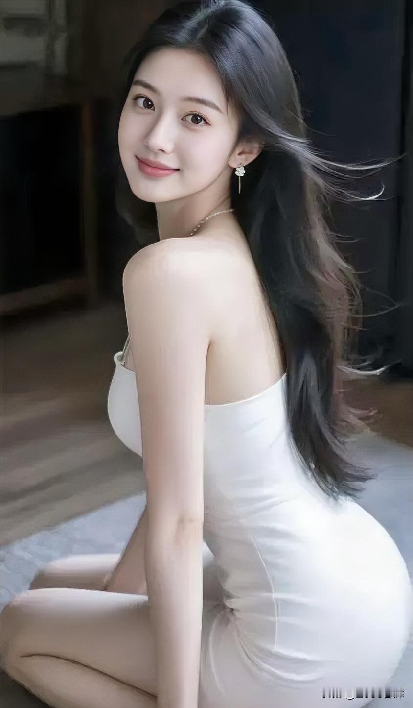 长发轻扬，眸含星子。素裙映肤，浅笑生暖。