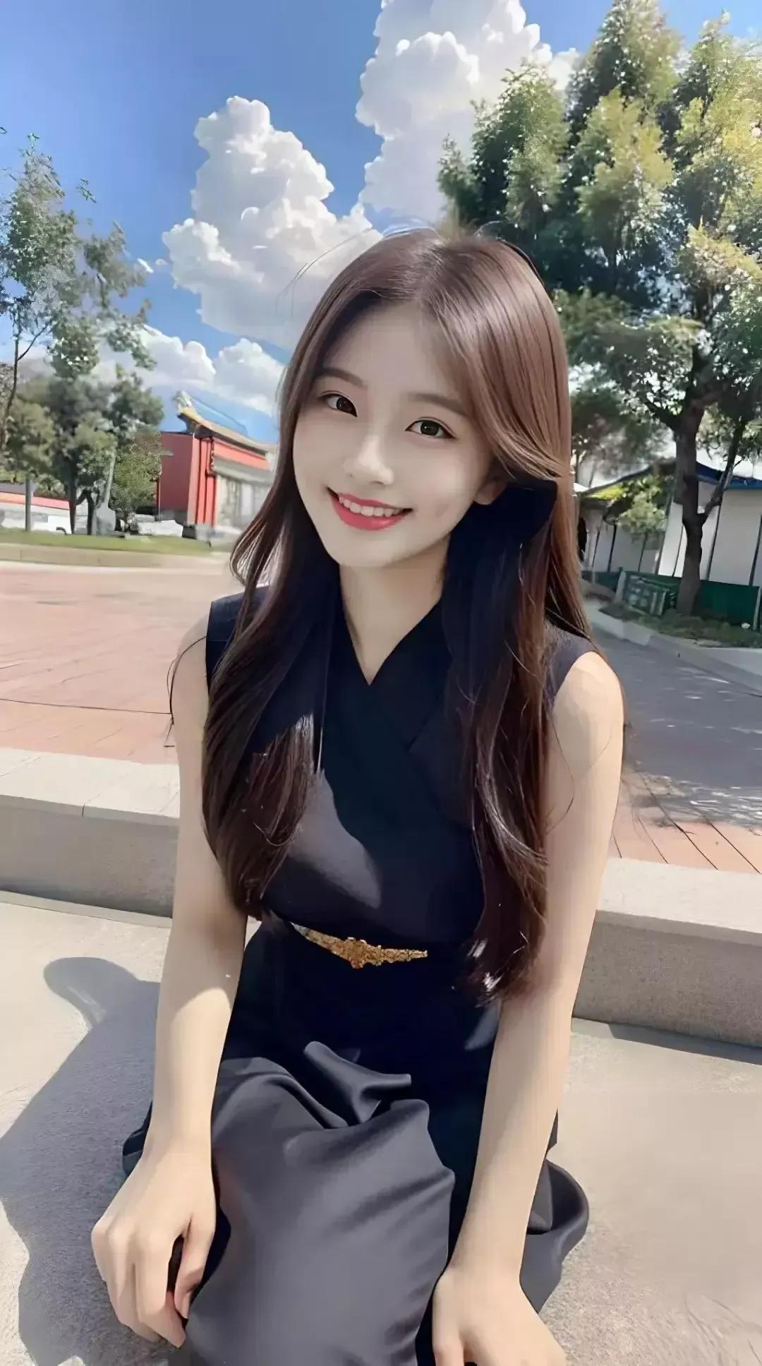 阳光明媚的午后，笑容甜美的女孩在公园里自拍。自然美少女自拍甜美自拍精致少女自