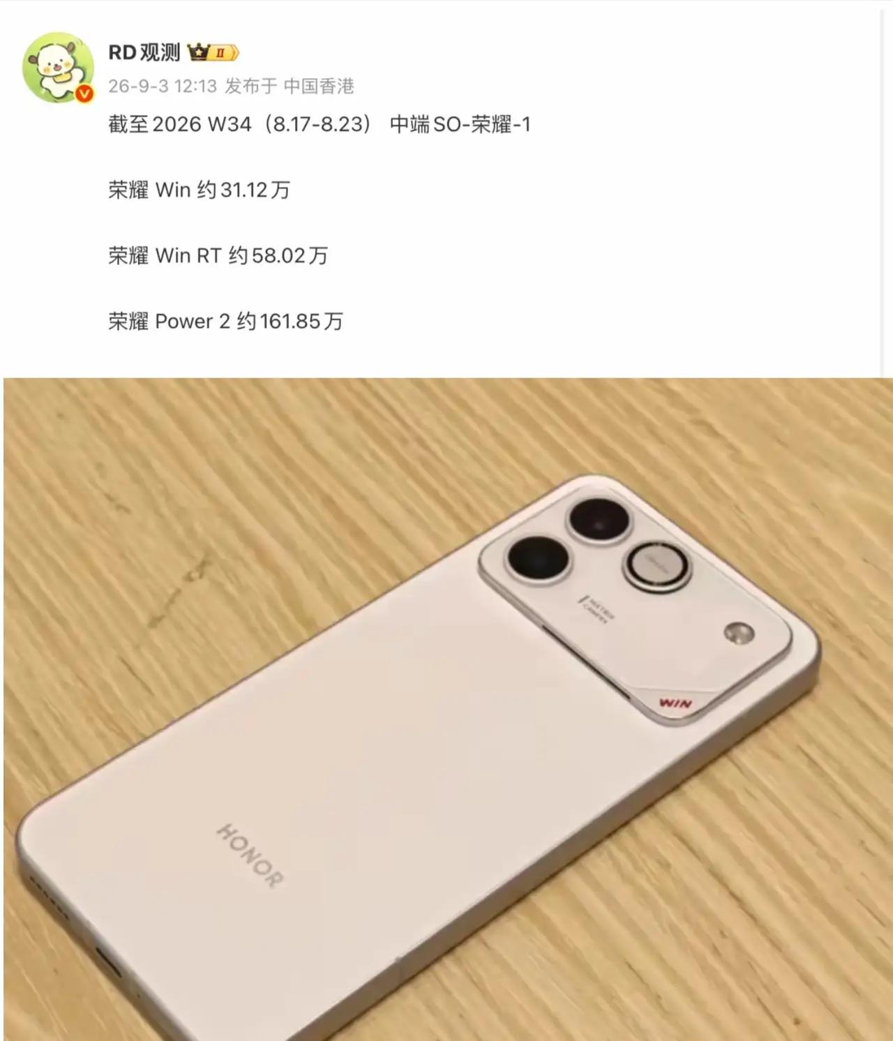荣耀这几款中端机型出货数据出来了，简单聊聊真实市场反馈。8.17‑8.23