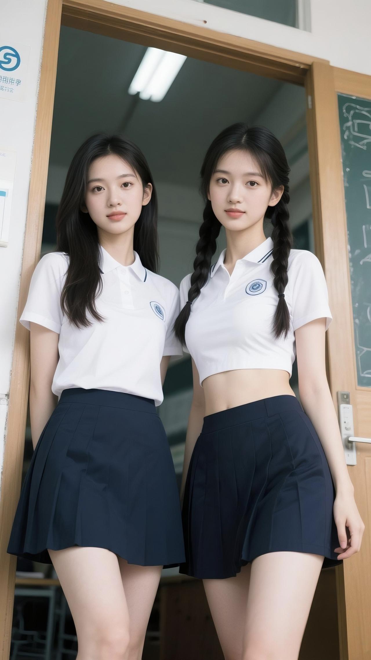 两位女生穿着校服，站在教室门口。青春的气息迎面而来，唤醒了多年前的记忆。一个同样