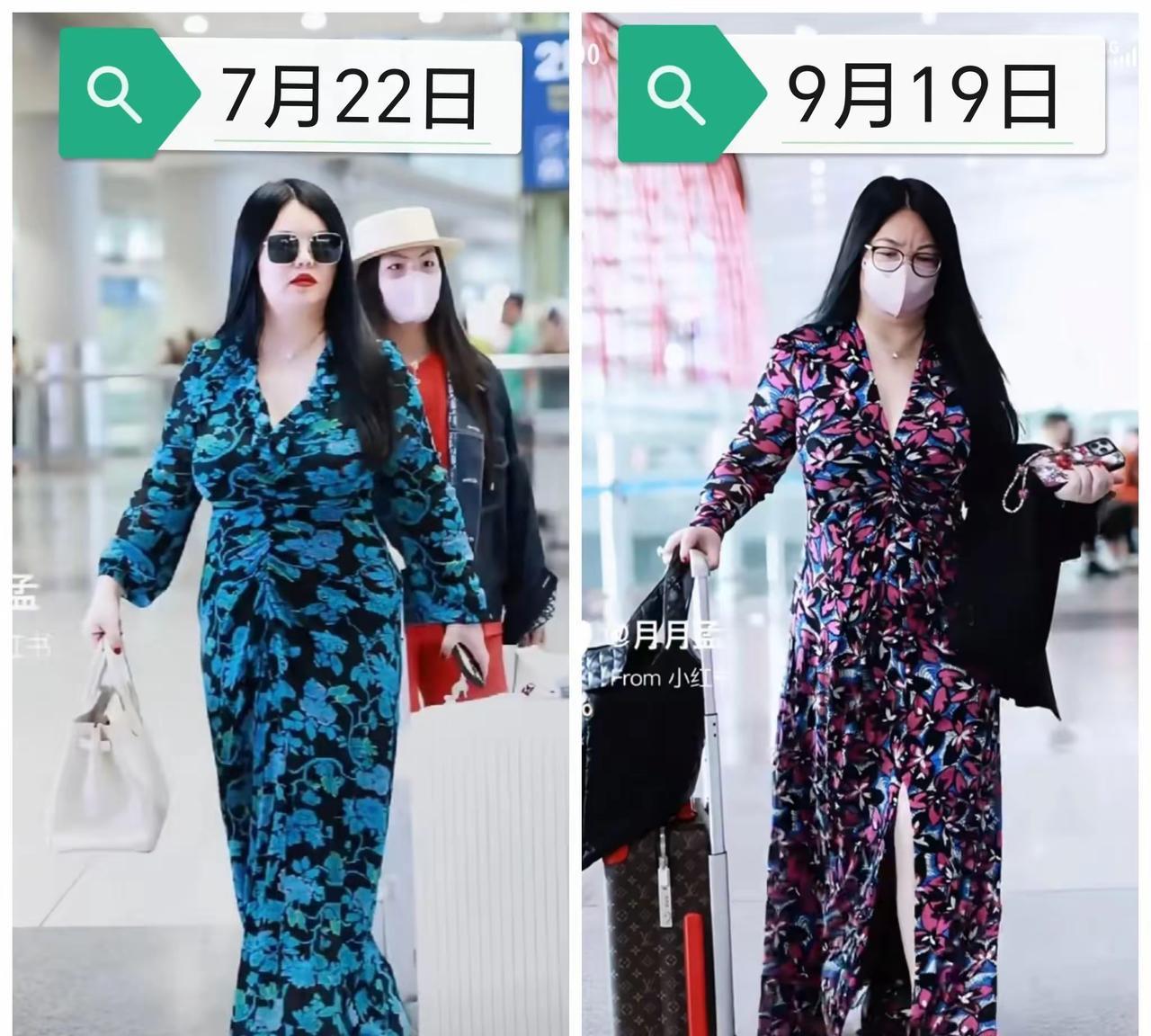 李湘这不是瘦了，而是衣服穿对了！款式差不多的连衣裙，明亮的颜色更显膨胀。裙摆