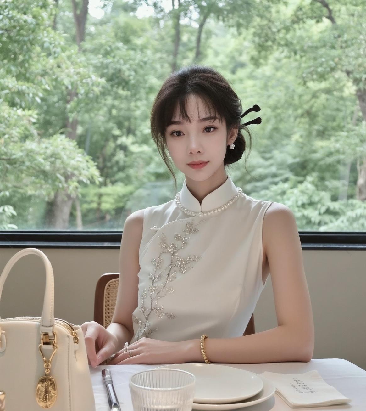 优雅女士在餐厅享受下午茶时光。