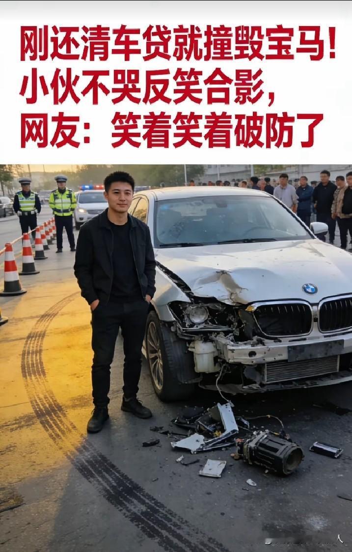 这下好了，车贷还清，车子撞毁了，你还要微笑着面对。一小伙子，省吃俭用几年，贷