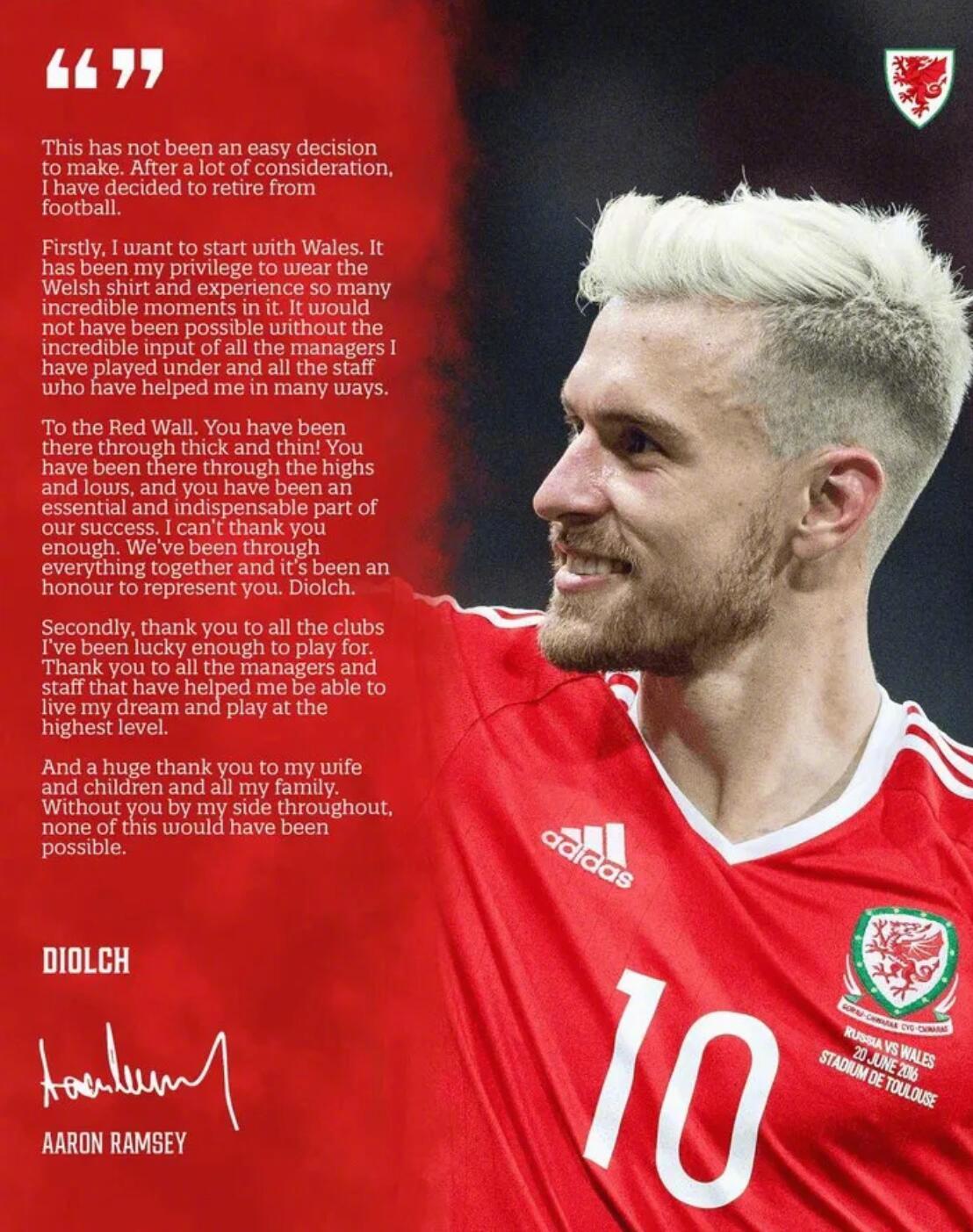 拉姆塞退役阿森纳官方消息，35岁的威尔士中场阿隆-拉姆塞通过社交媒体宣布挂靴，