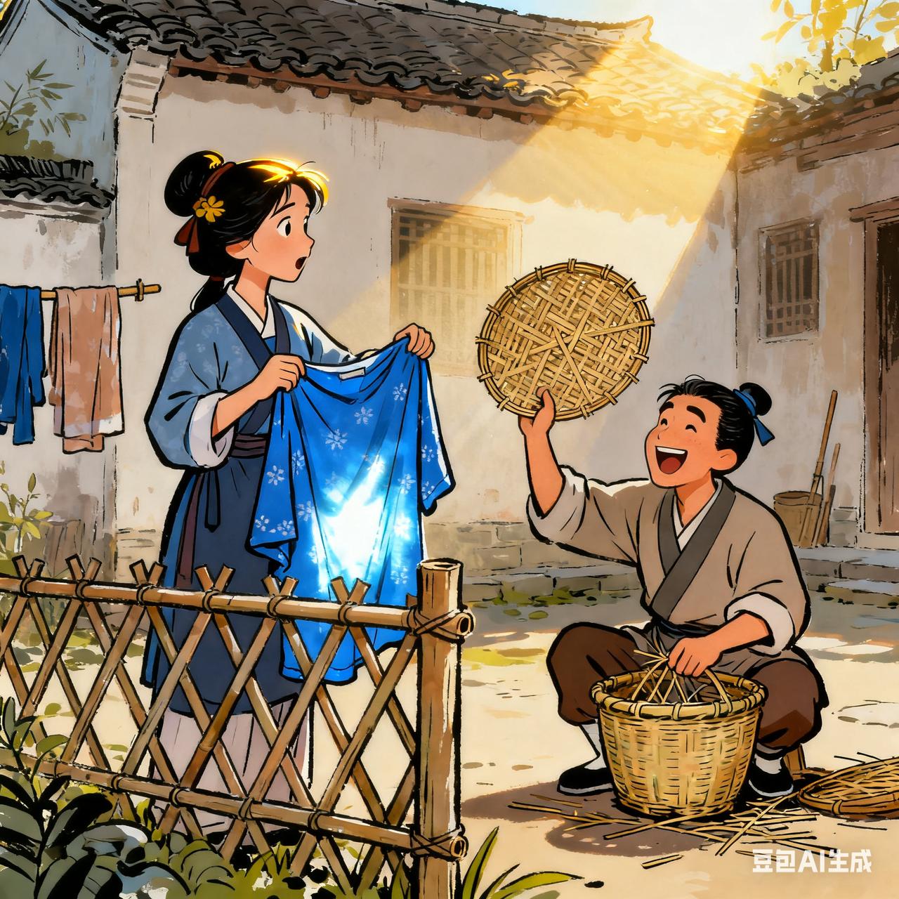 古代夫妻搞笑段子妻子在院里翻晒冬衣，丈夫蹲在篱笆边修补竹筐，忽然指着晾衣绳笑