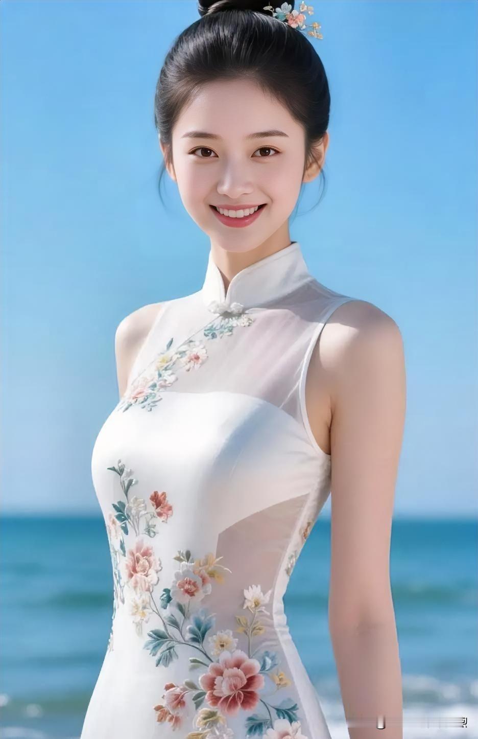 碧海蓝天为幕，素白绣花旗袍宛若仙子临风。云鬓轻挽，笑靥如花，将东方古典的温婉与大