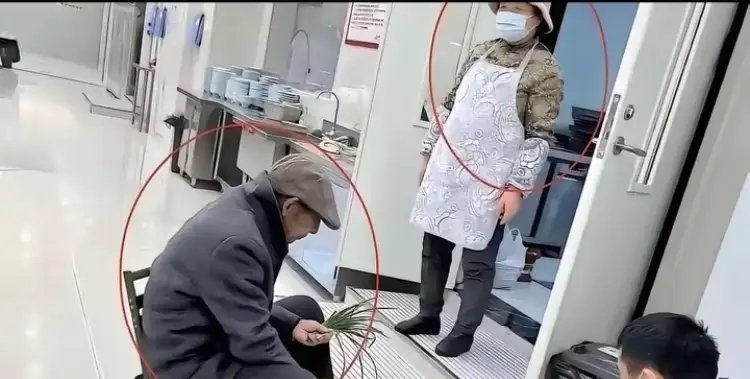 刘强东的父亲和母亲平常在京东食堂帮忙做饭时的一幕，父亲蹬在地上择菜，老夫妇俩非常