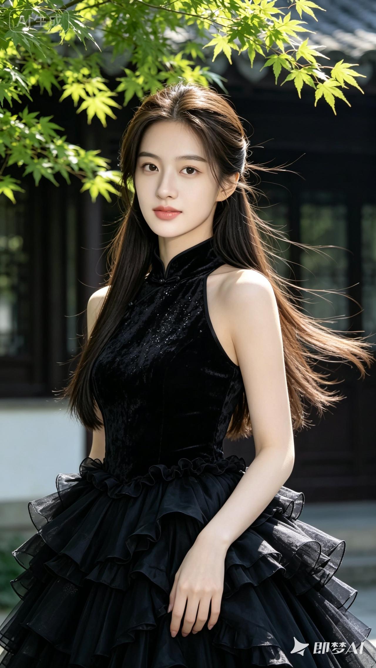 黑纱裙的优雅与自然背景的完美融合，尽显东方古典美！