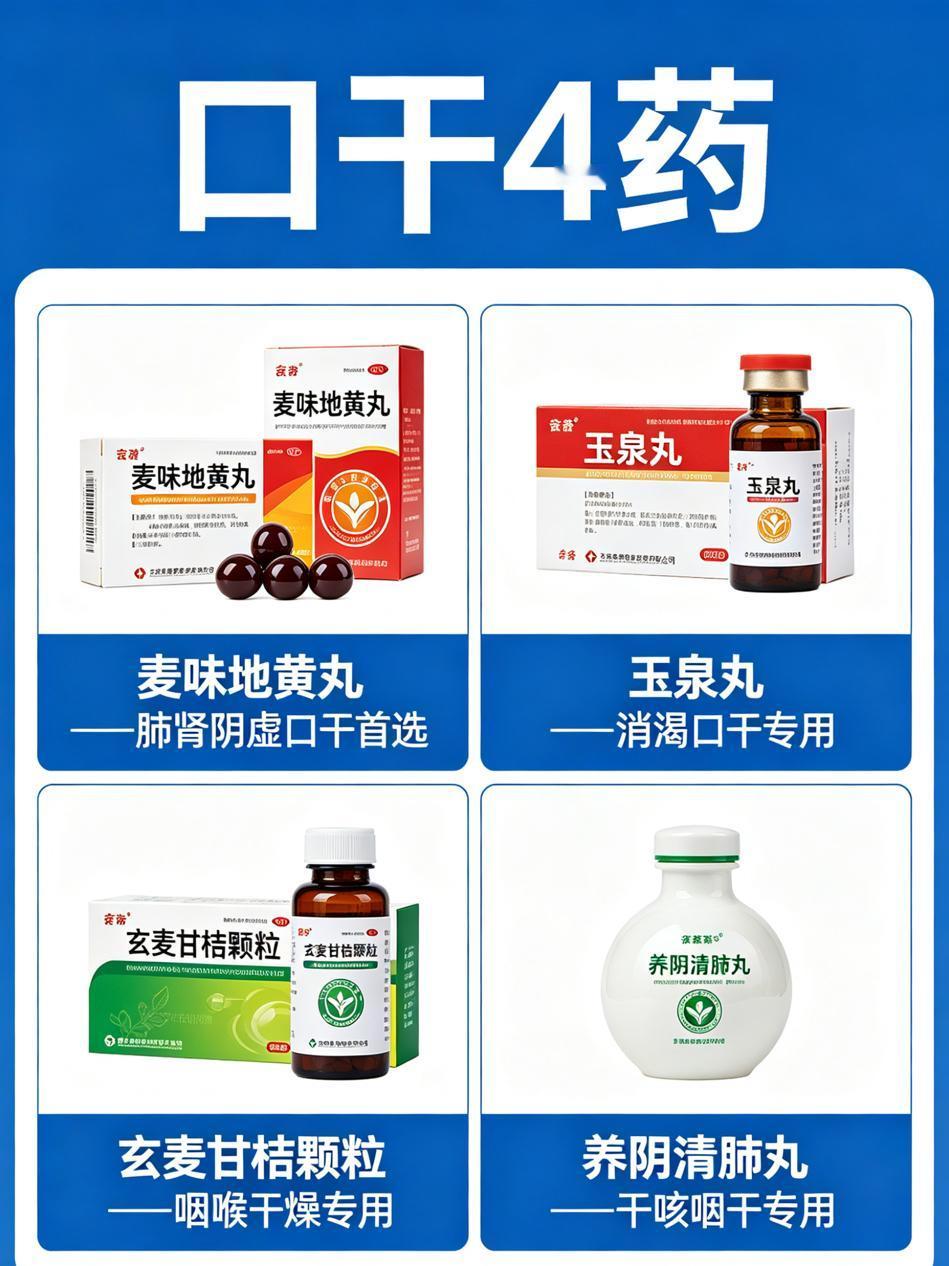 口干4药，皮肤干4药，眼干4药，12个中成药可对证治本口干、皮肤干、眼干——
