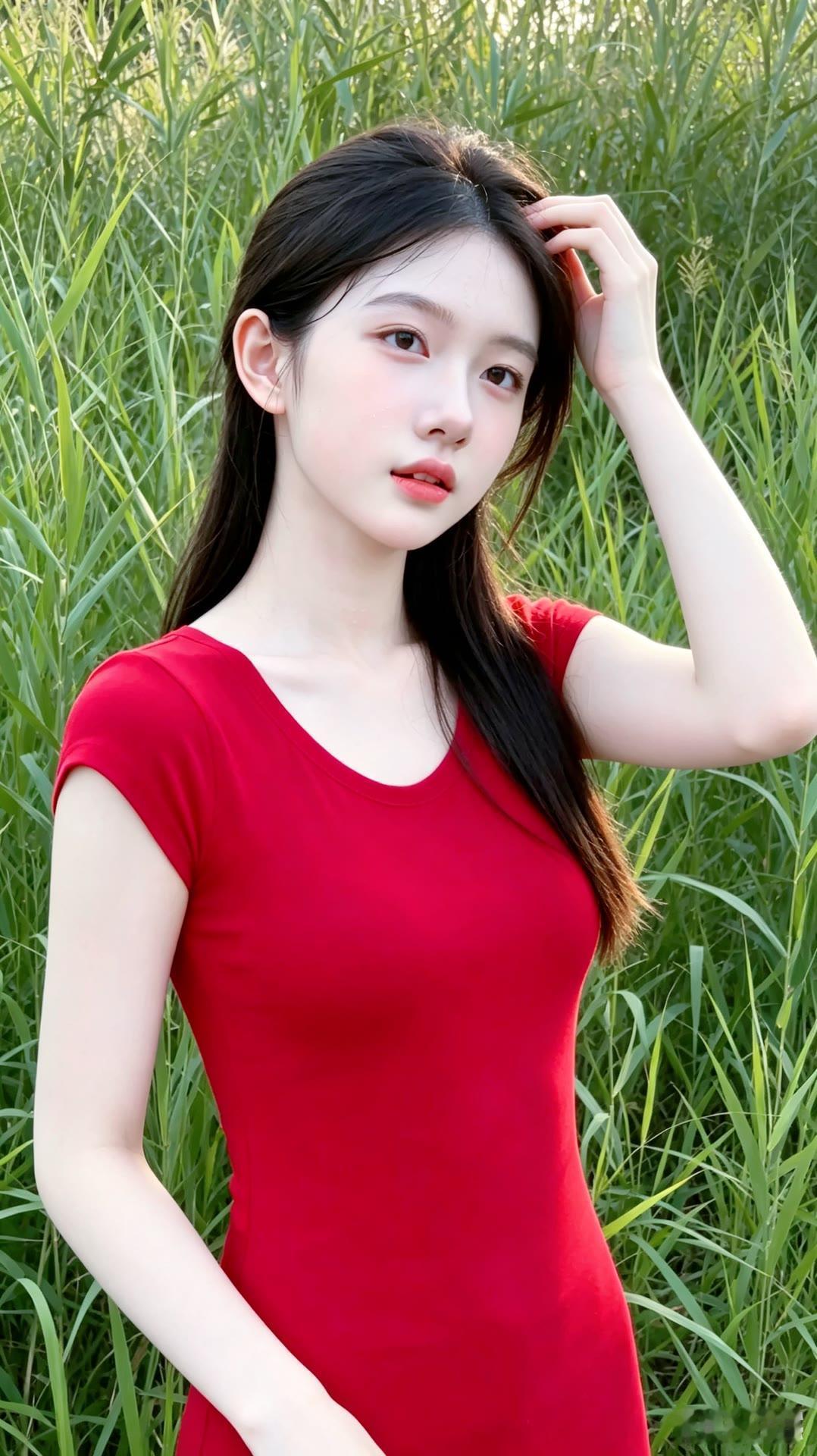夏日红裙少女，置身绿意盎然，清新自然。
