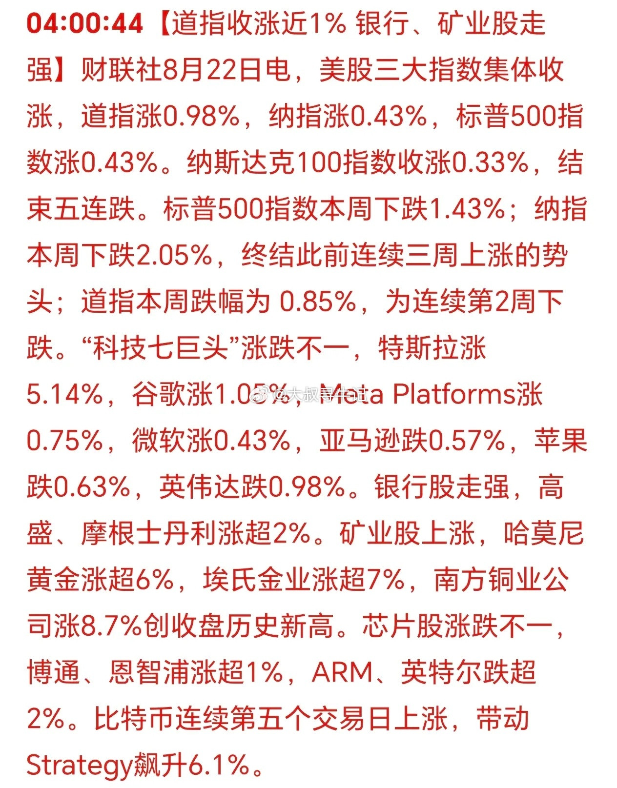 美国三大股指集体上涨！这次矿业股成为了明星！美元指数下行，金银铜等大幅拉升，奇怪