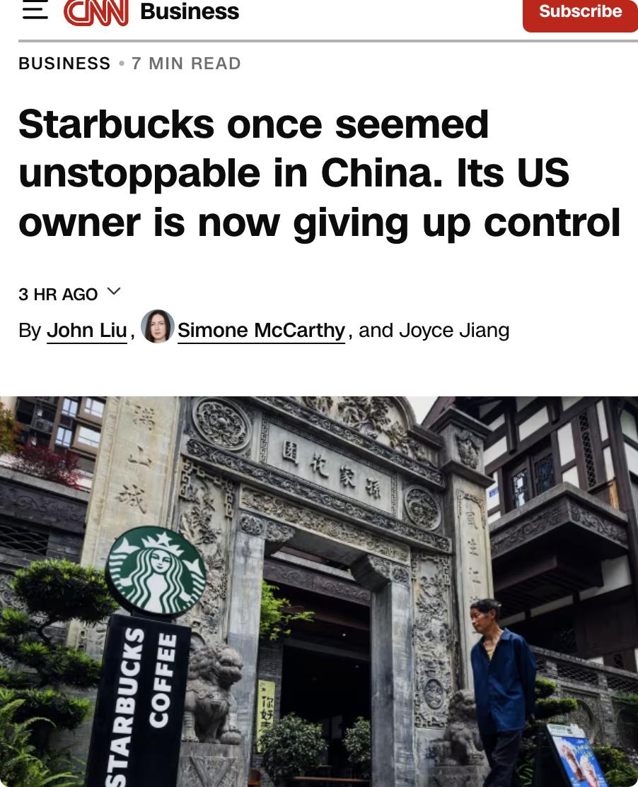 外媒：星巴克在中国市场曾凭借西方品牌影响力和咖啡文化兴起而迅速扩张，但如今面临激