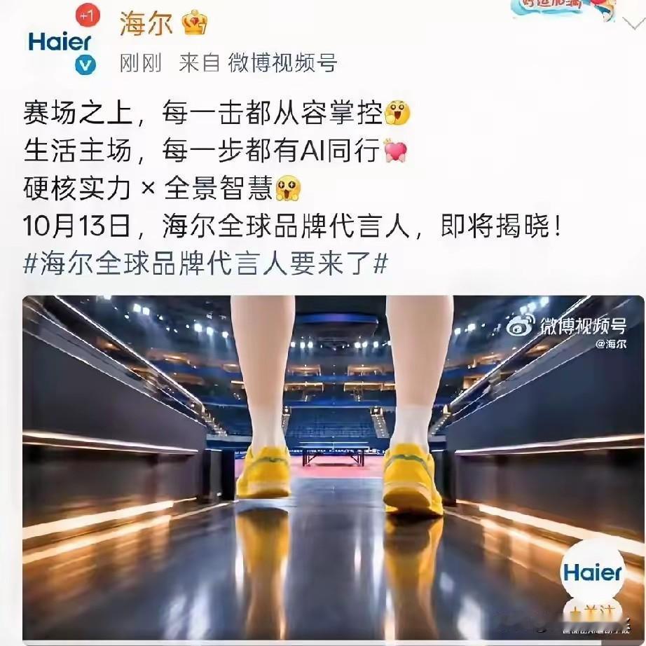 这个全球海尔代言人不难猜吧？有乒乓球，有小黄鞋，是莎莎呀！估计这波商务代言放