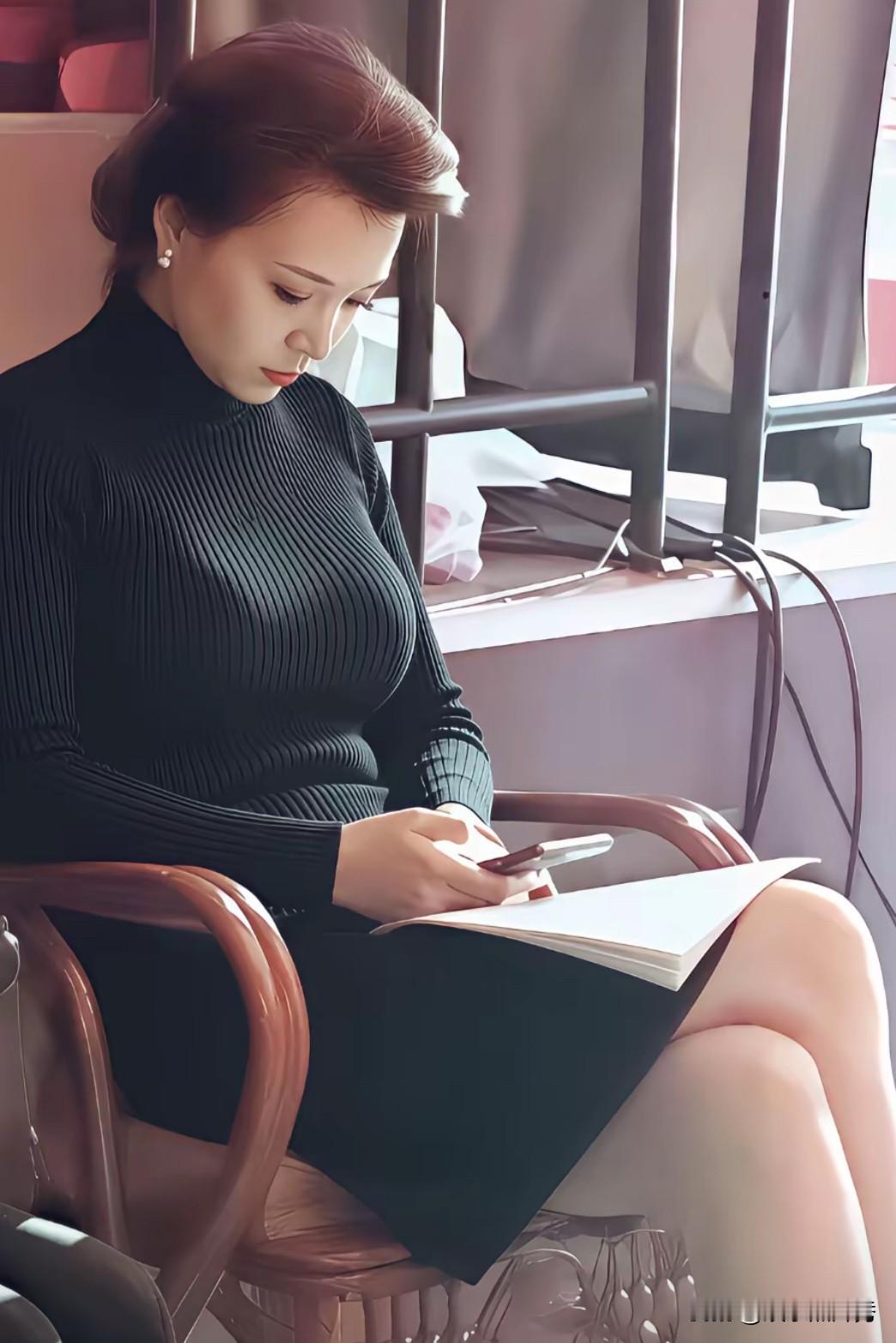 央视前“第一美”女主持人，“低头玩手机”都是那么优雅端庄！她一身黑色针织连衣